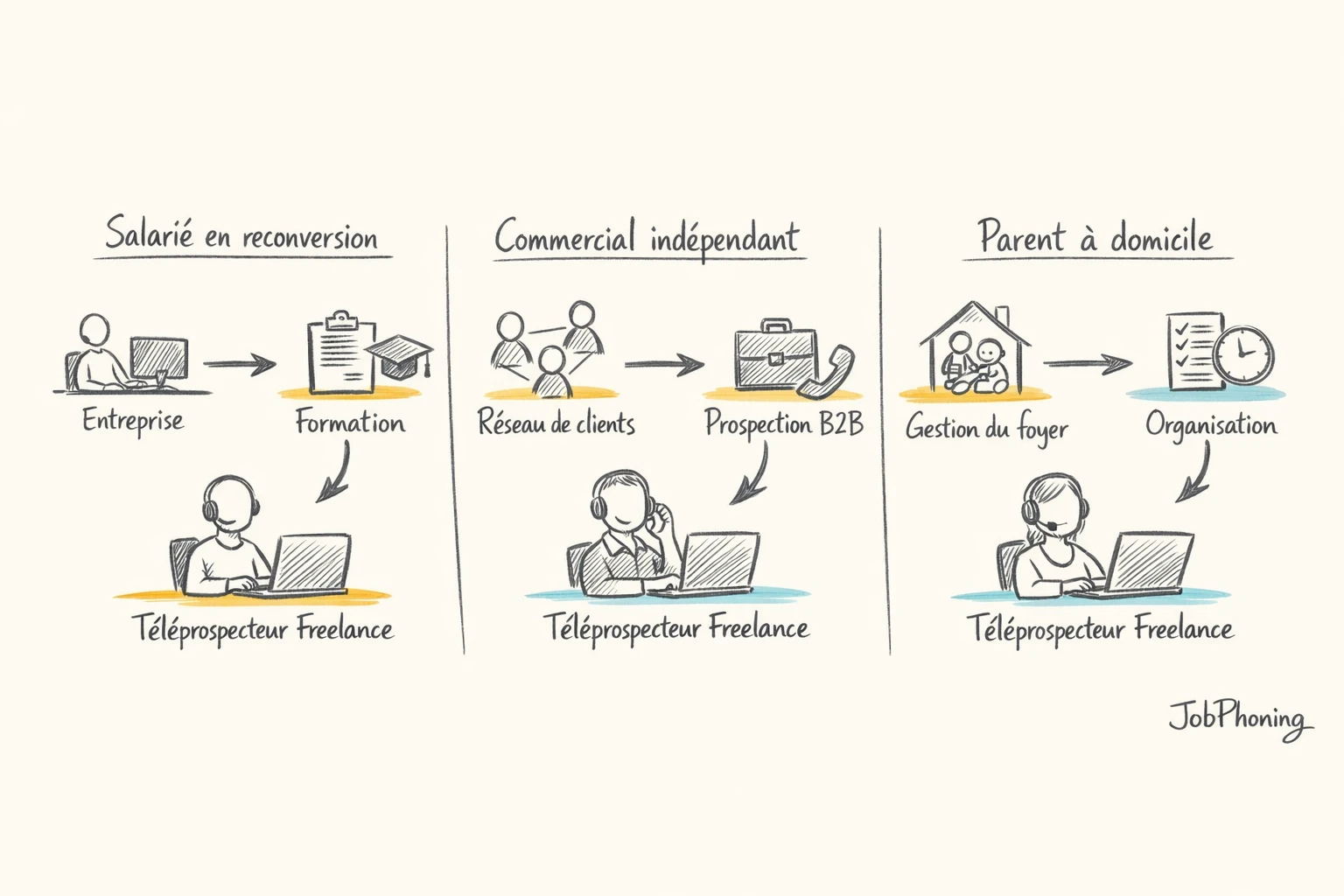 Infographie représentant trois parcours freelance téléprospection via colonnes parallèles, blocs colorés et flèches abstraites alignées.