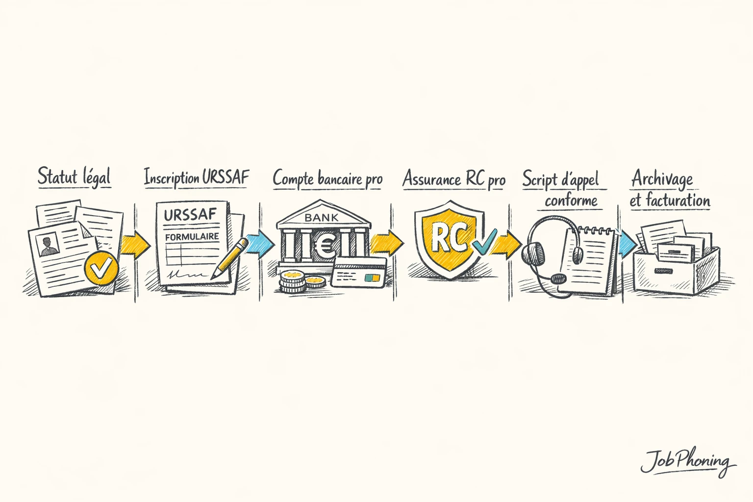 Schéma représentant la préparation administrative du freelance via enchaînement de blocs et flèches géométriques minimalistes.
