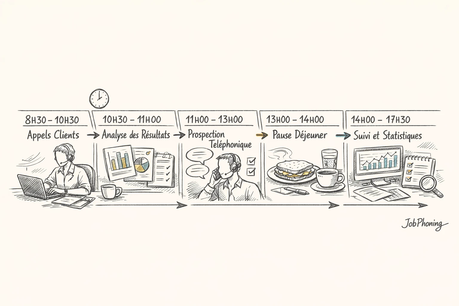 Schéma représentant la journée d’un téléopérateur via enchaînement de blocs géométriques reliés par des flèches.