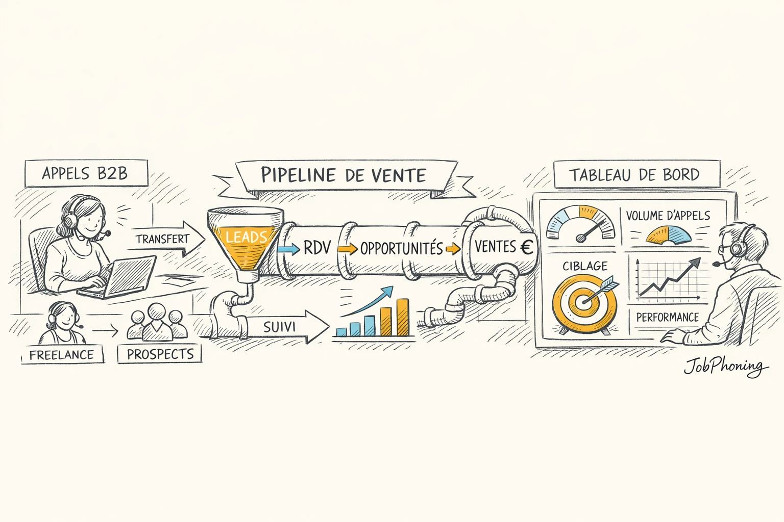Infographie représentant l’intégration d’un téléopérateur freelance au dispositif commercial via pipeline central et blocs connectés.