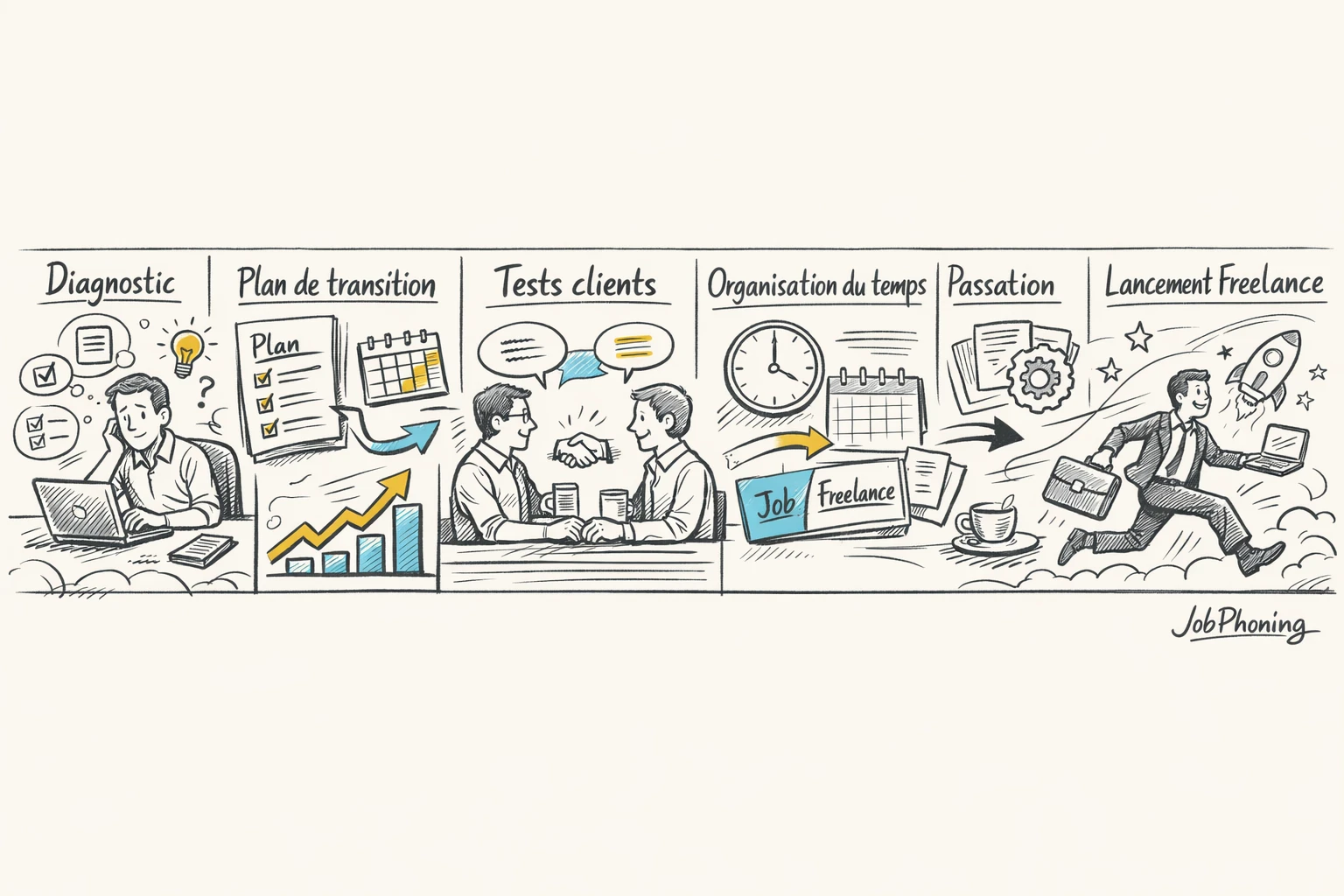 Schéma représentant le passage vers le freelancing via enchaînement de blocs reliés par des flèches