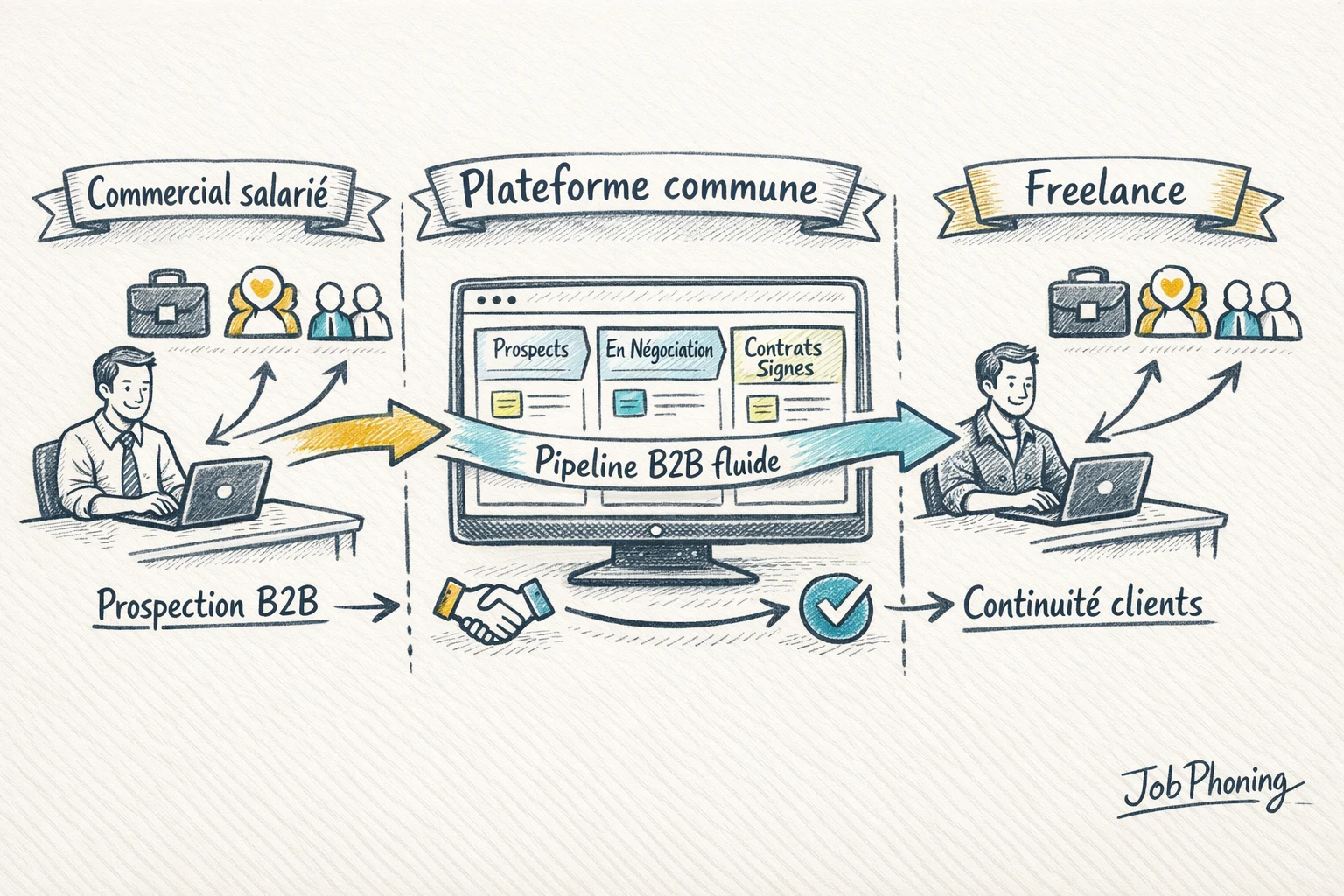 Infographie représentant la continuité commerciale via un pipeline central reliant deux pôles reliés par un
