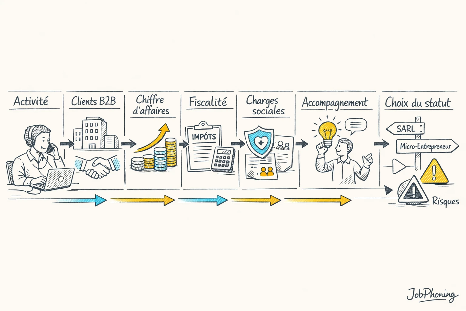 Schéma représentant le choix du statut juridique freelance via un enchaînement de blocs et flèches