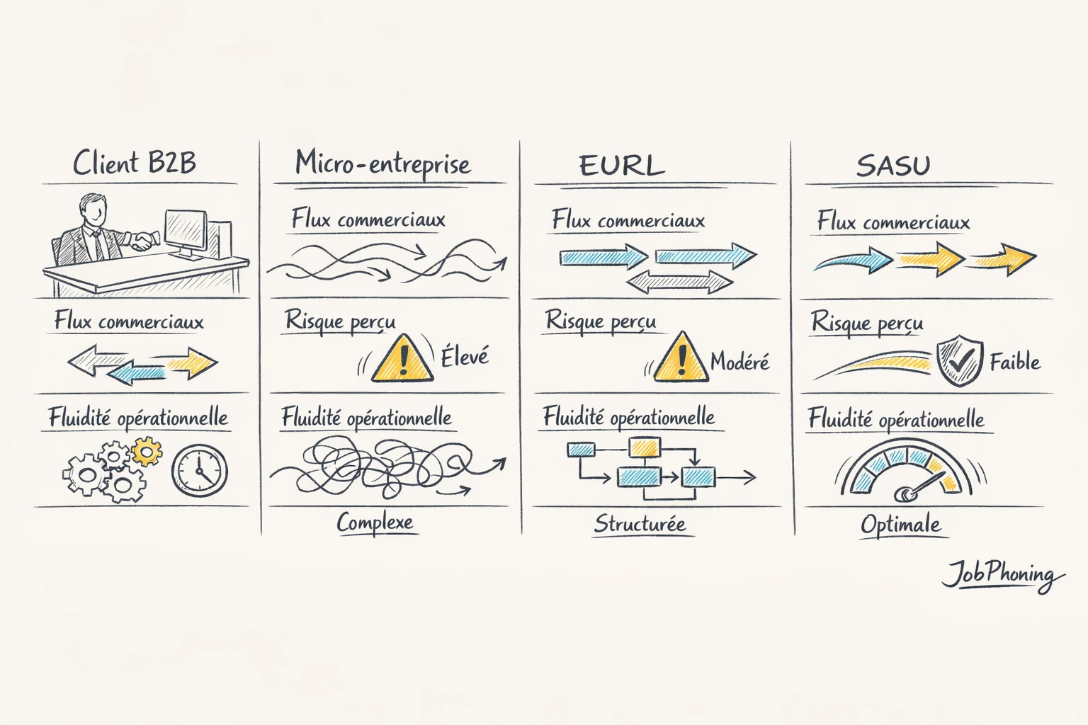 Infographie représentant l’influence du statut freelance via hub central, trois blocs juridiques et pipeline de