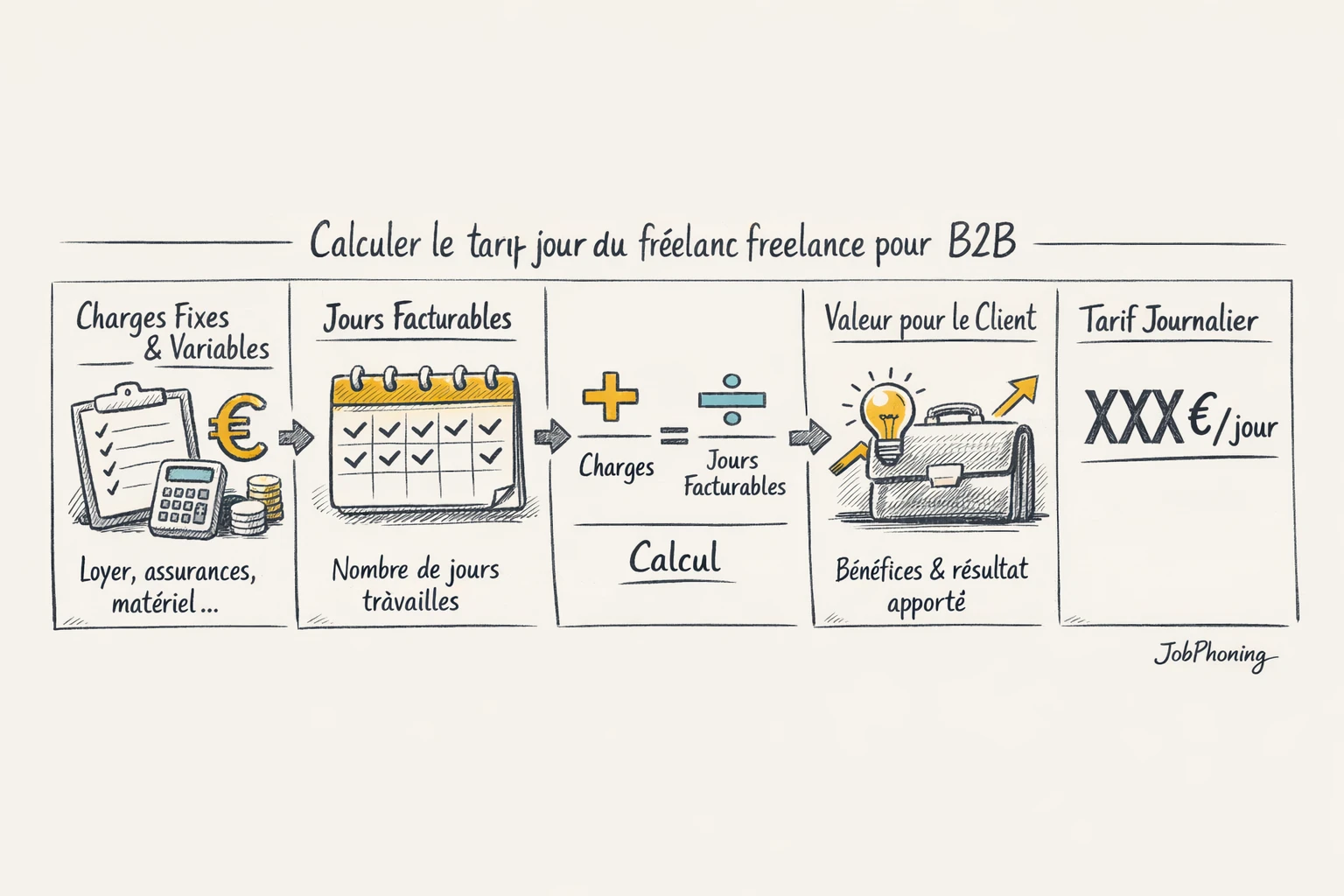Schéma représentant le calcul d’un tarif freelance durable via blocs reliés en flux séquentiel.