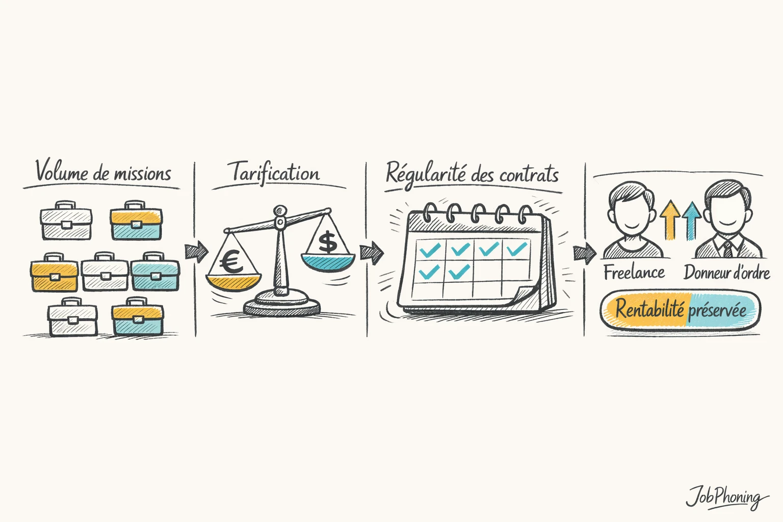 Infographie représentant l’organisation d’un micro-entrepreneur via hub central, blocs mission, tarifs et calendrier.