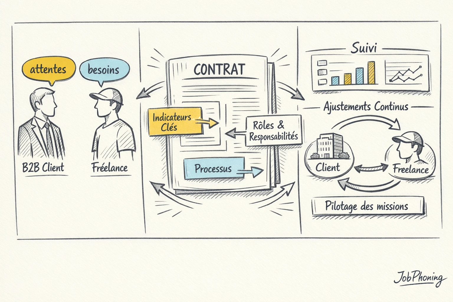 Schéma représentant un contrat pilote de prospection B2B via un rectangle central connecté à plusieurs