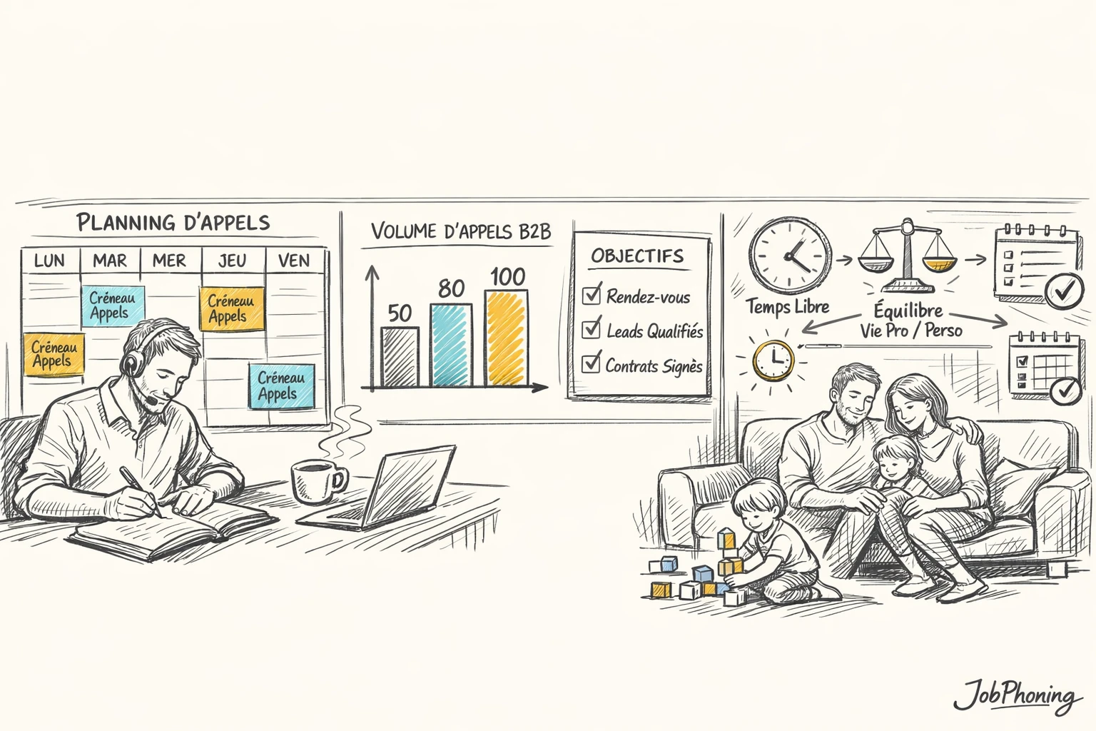 Schéma représentant l’organisation d’appels de freelances via calendrier, blocs horaires et flèches séquentielles