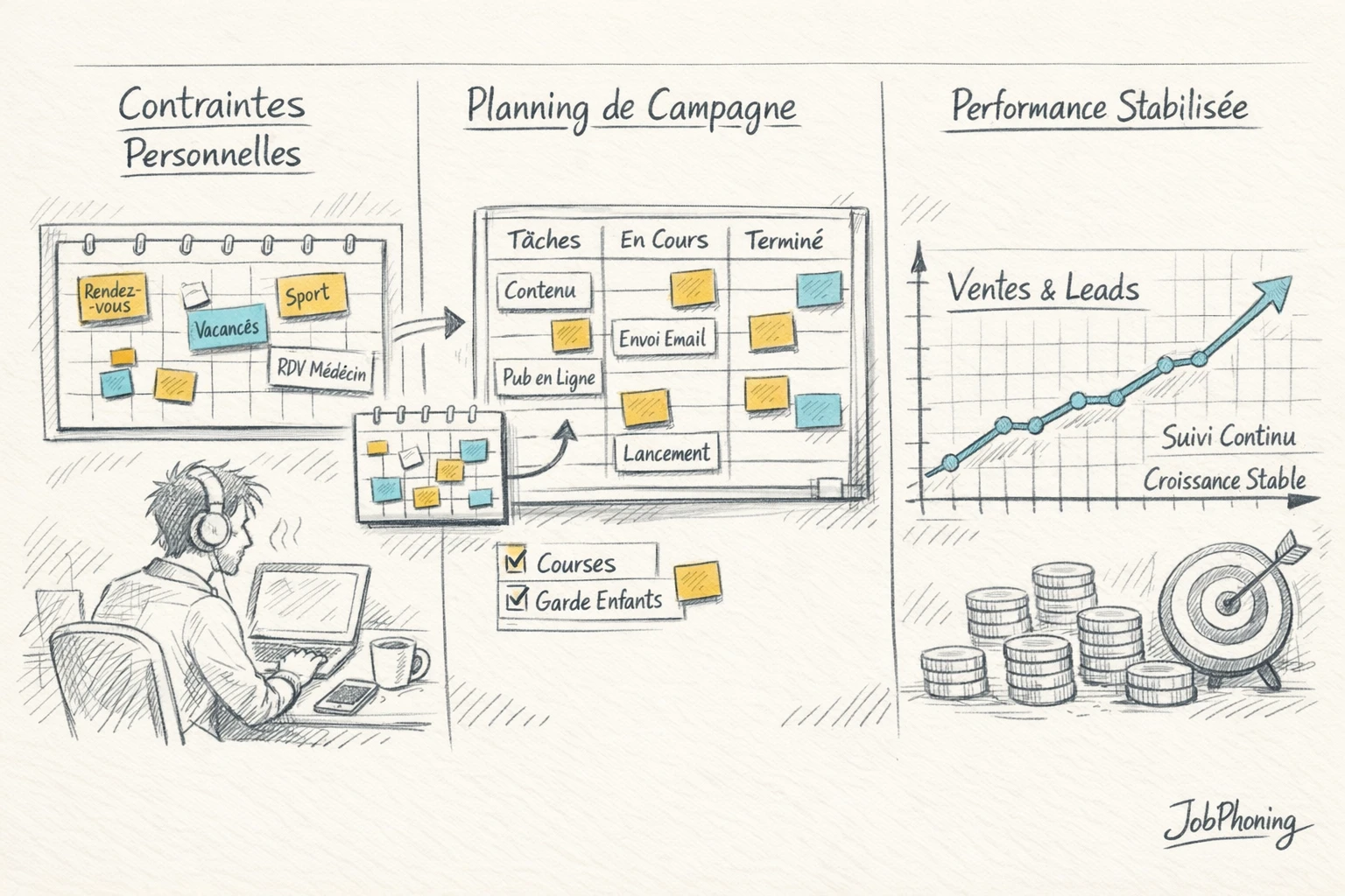 Infographie représentant la prise en compte des contraintes freelances via pipeline central relié à plusieurs