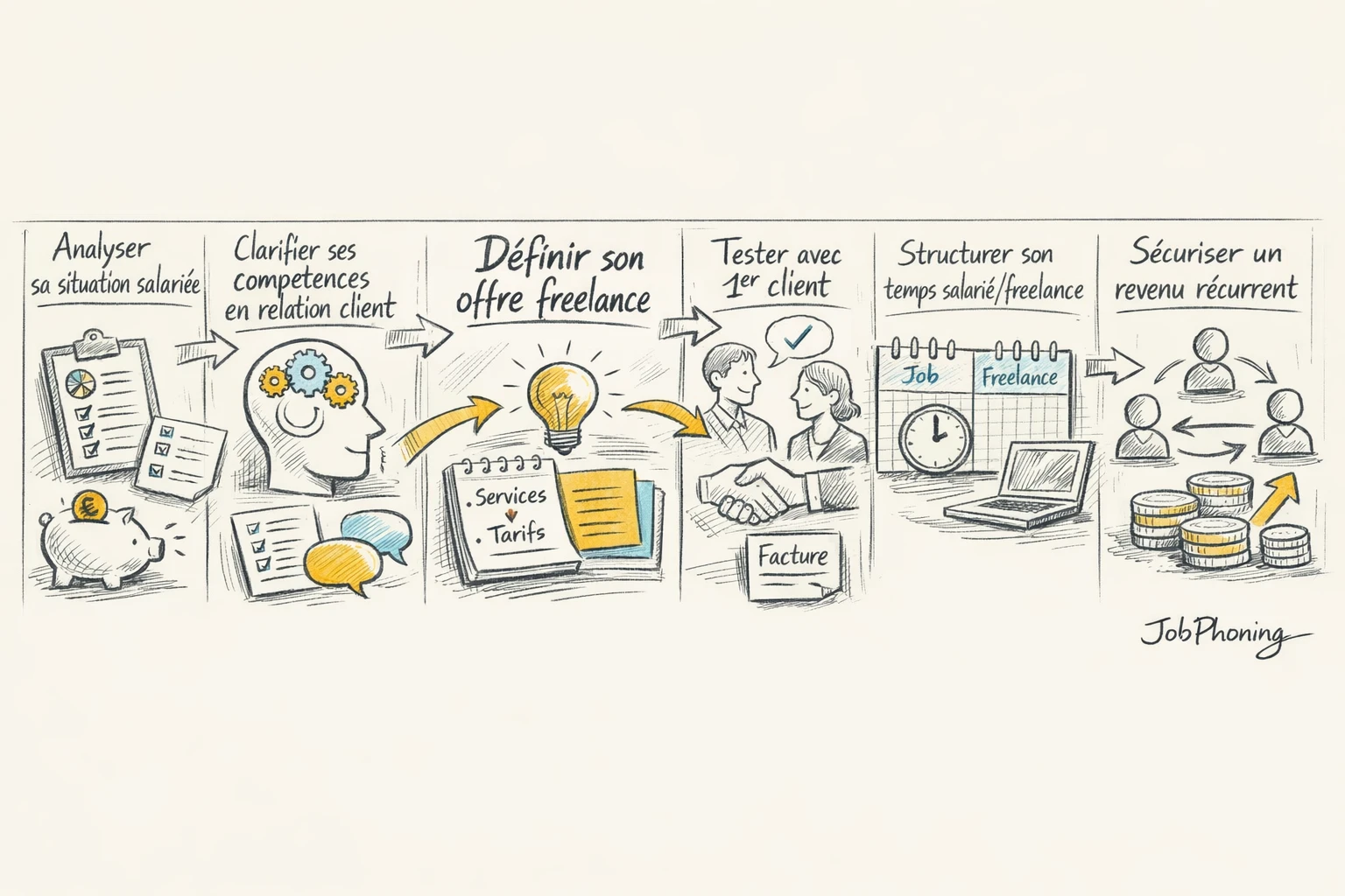 Schéma représentant un parcours de lancement freelance parallèle via enchaînement de rectangles reliés par des