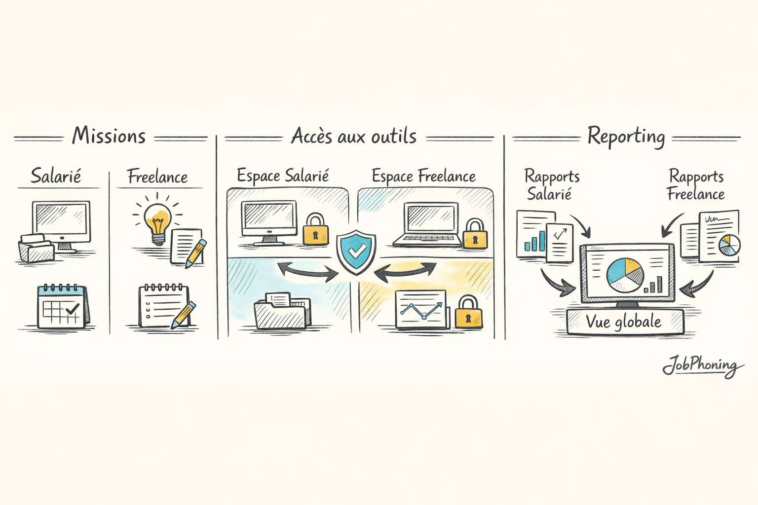 Infographie représentant un profil hybride salarié-freelance via deux zones reliées, blocs CRM et icône de