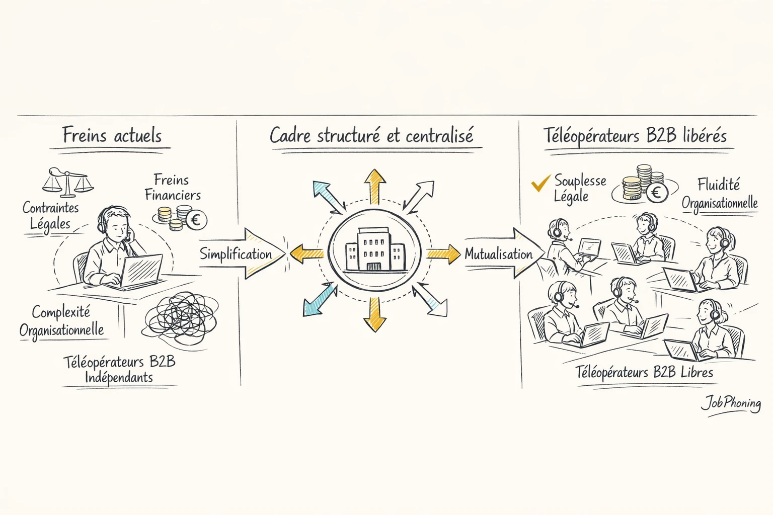 Schéma représentant les obstacles du freelance téléopérateur via un chemin bloqué et un parcours structuré