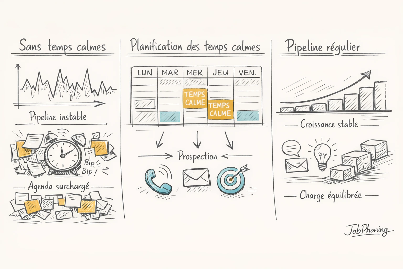 Infographie représentant l’organisation des périodes calmes via calendrier géométrique et pipeline de prospection stylisé.