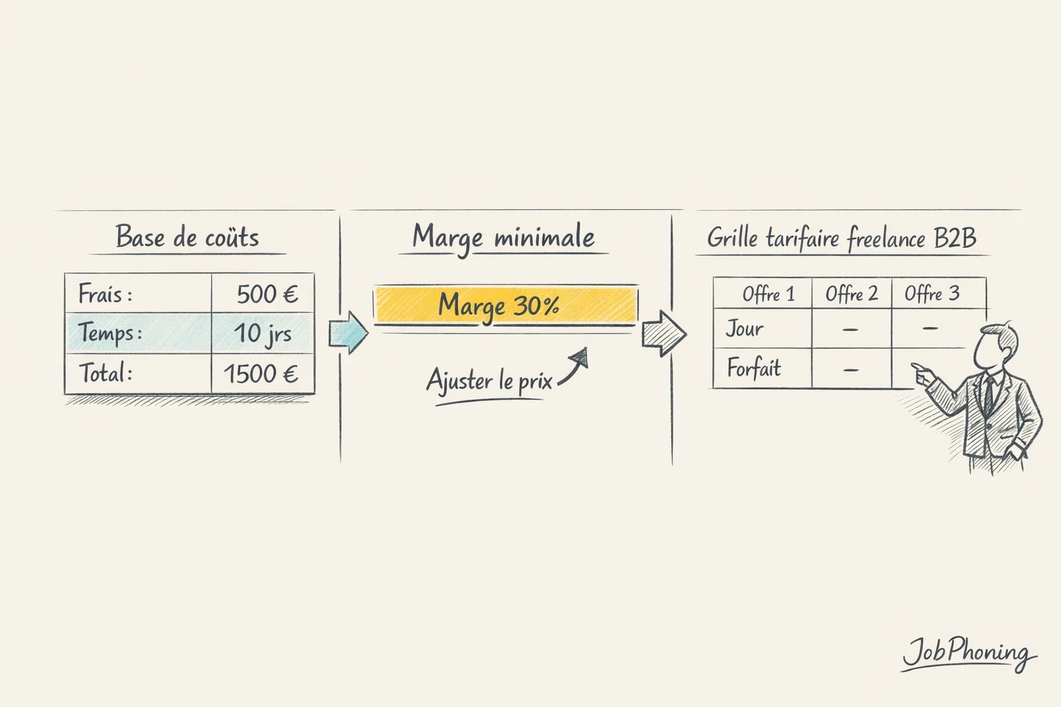 Schéma représentant la construction d’une grille tarifaire freelance via blocs reliés illustrant coûts, offres et
