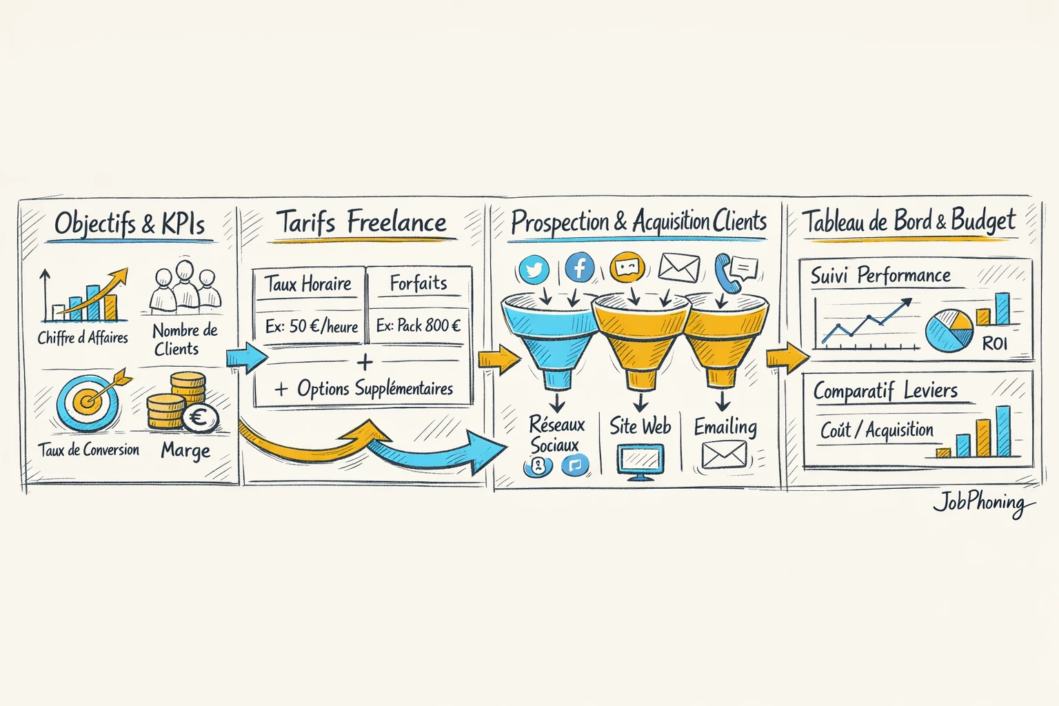 Infographie représentant la cohérence tarification freelance et prospection via un noyau central connecté à plusieurs