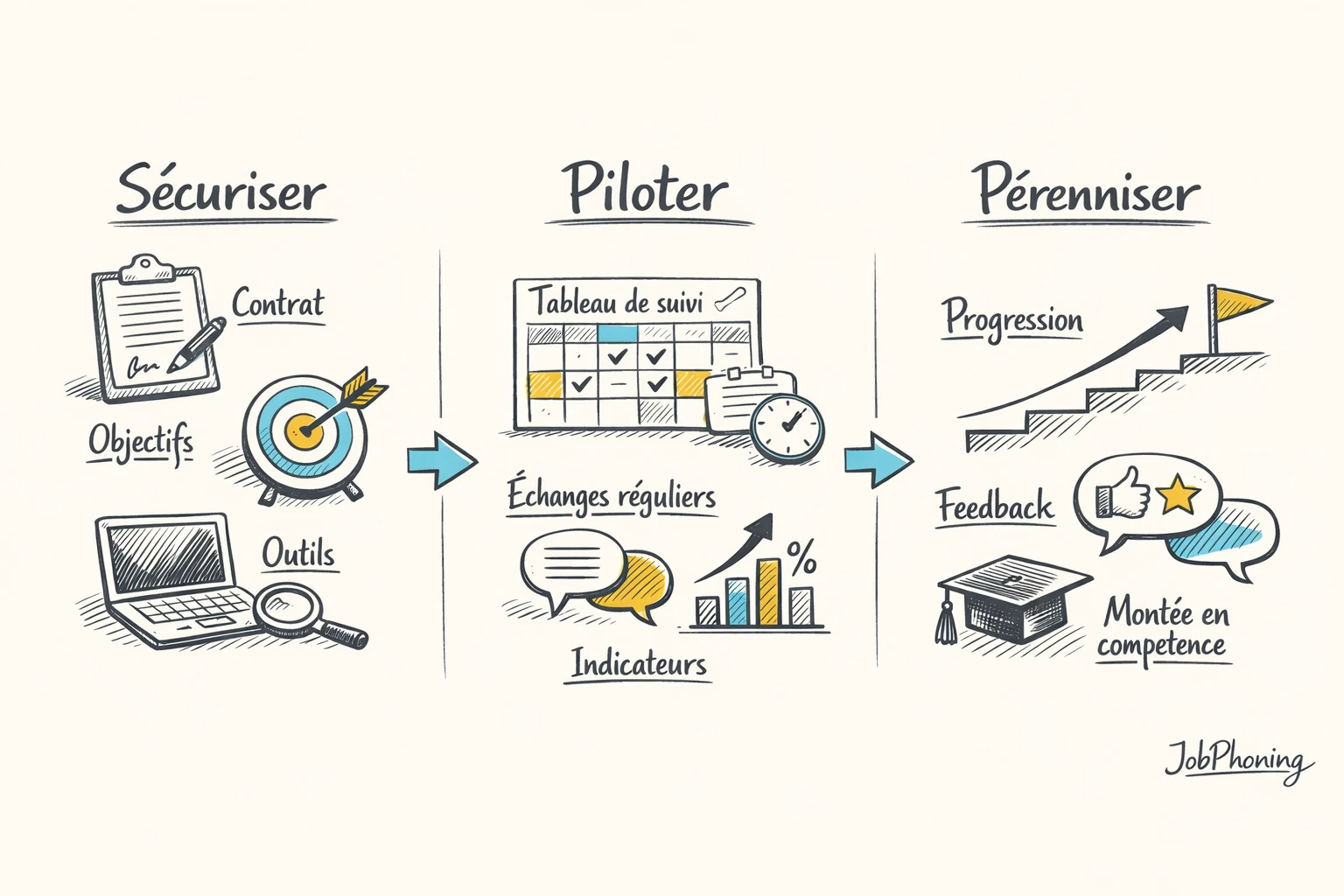 Schéma représentant l’organisation d’une collaboration freelance étudiante via une suite de blocs reliés par des