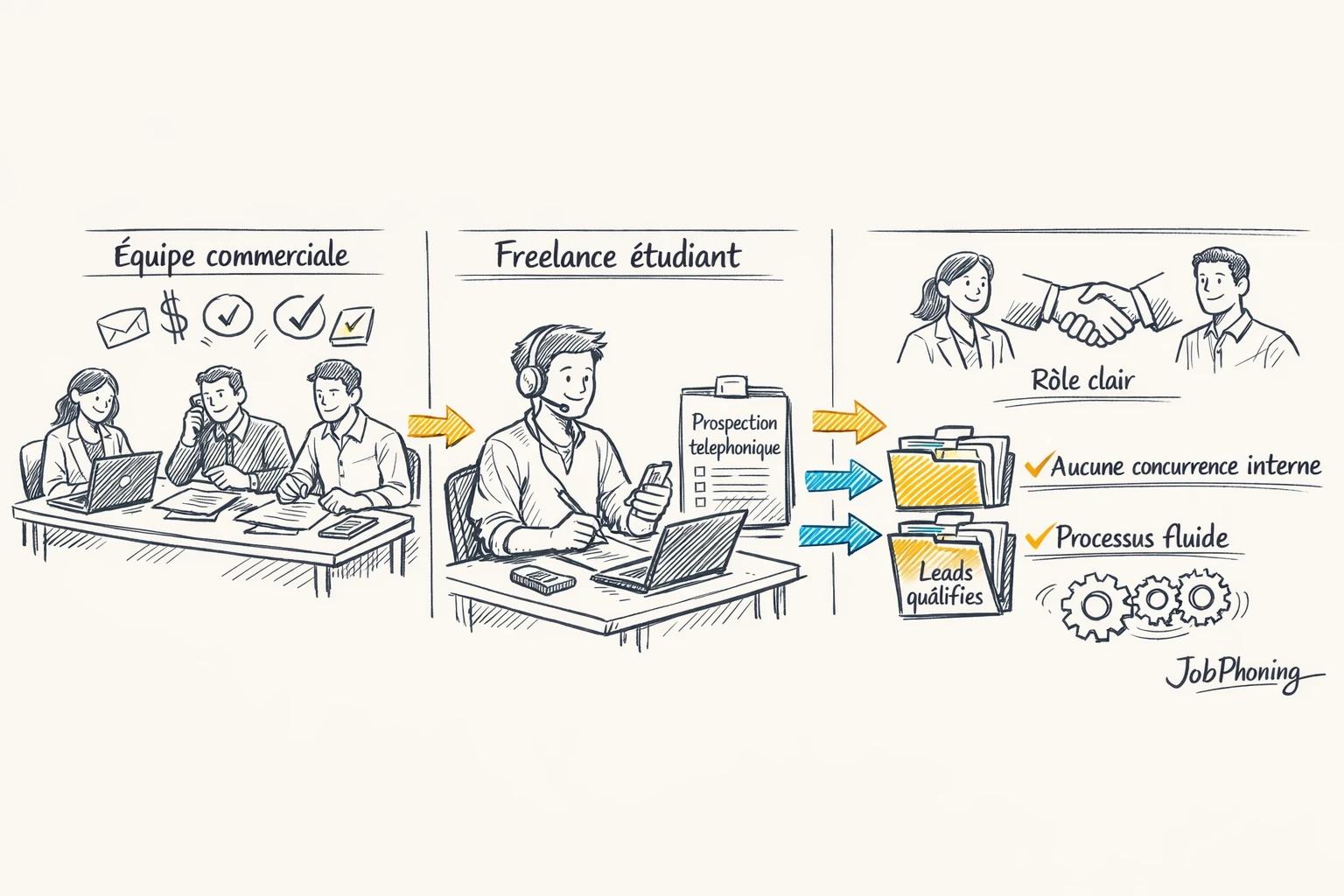 Schéma représentant la collaboration entre freelance étudiant et équipe commerciale via hub central et flux