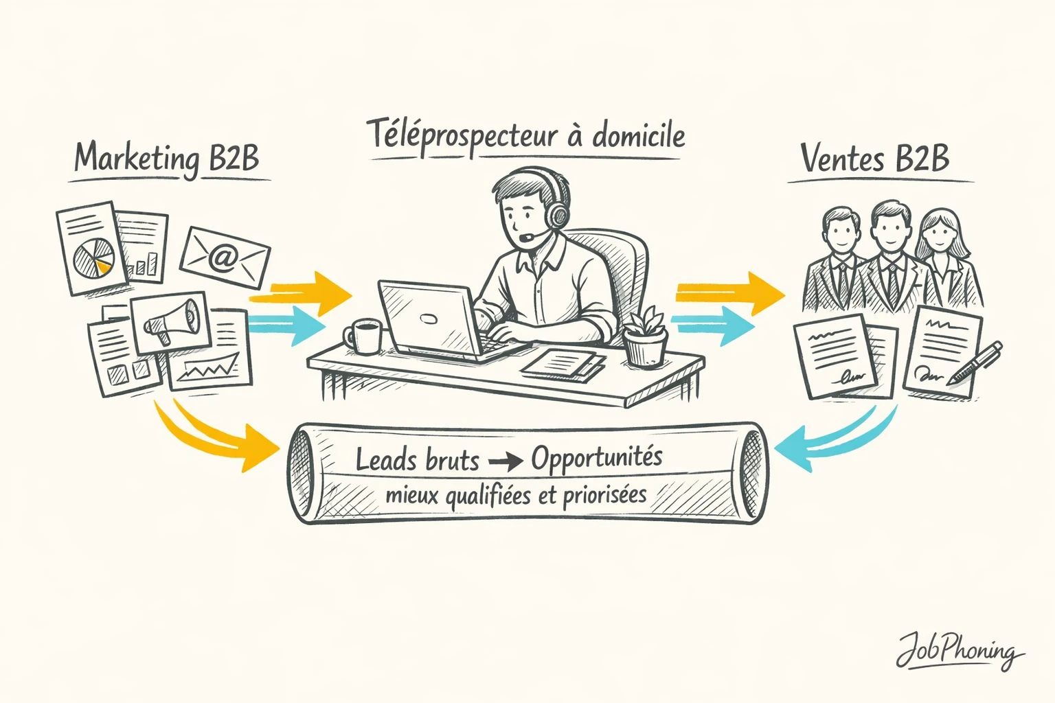 Schéma représentant le rôle central du téléprospecteur via cercles reliés et blocs alignés