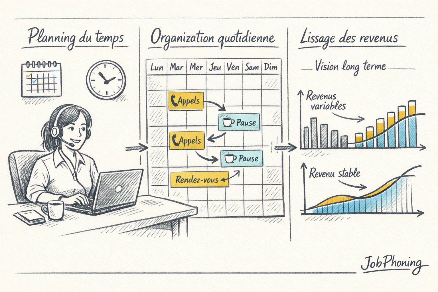 Schéma représentant l’organisation d’un téléprospecteur via flux financiers, agenda, tableaux de suivi et flèches séquentielles.