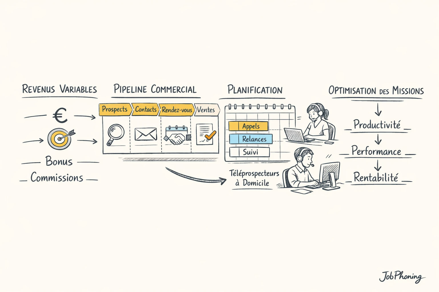 Infographie représentant l’intégration des revenus des téléprospecteurs via dashboard central, pièces, barres et calendriers abstraits.