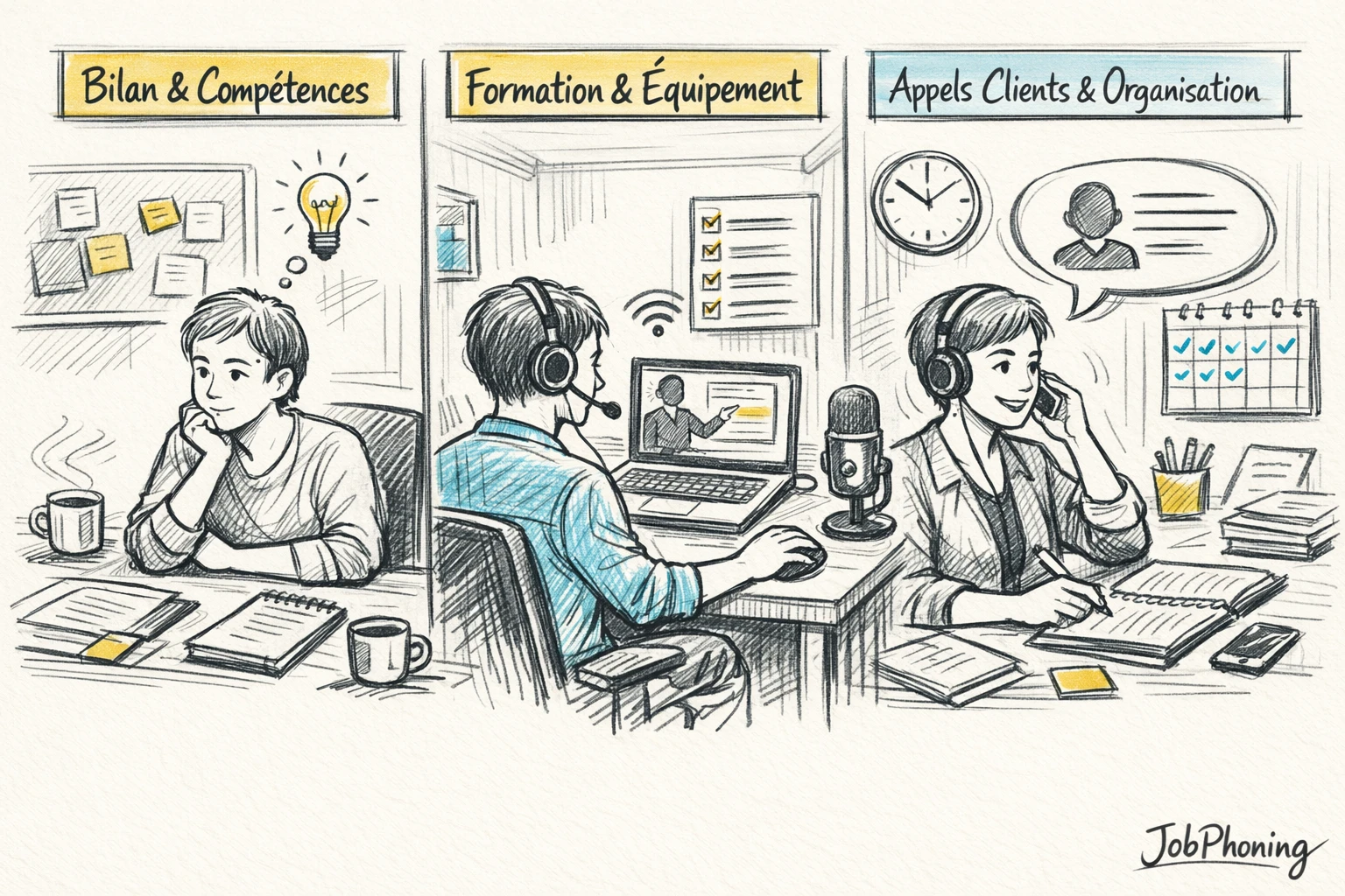 Schéma représentant une reconversion structurée en téléprospection via enchaînement de blocs et flèches colorés minimalistes.