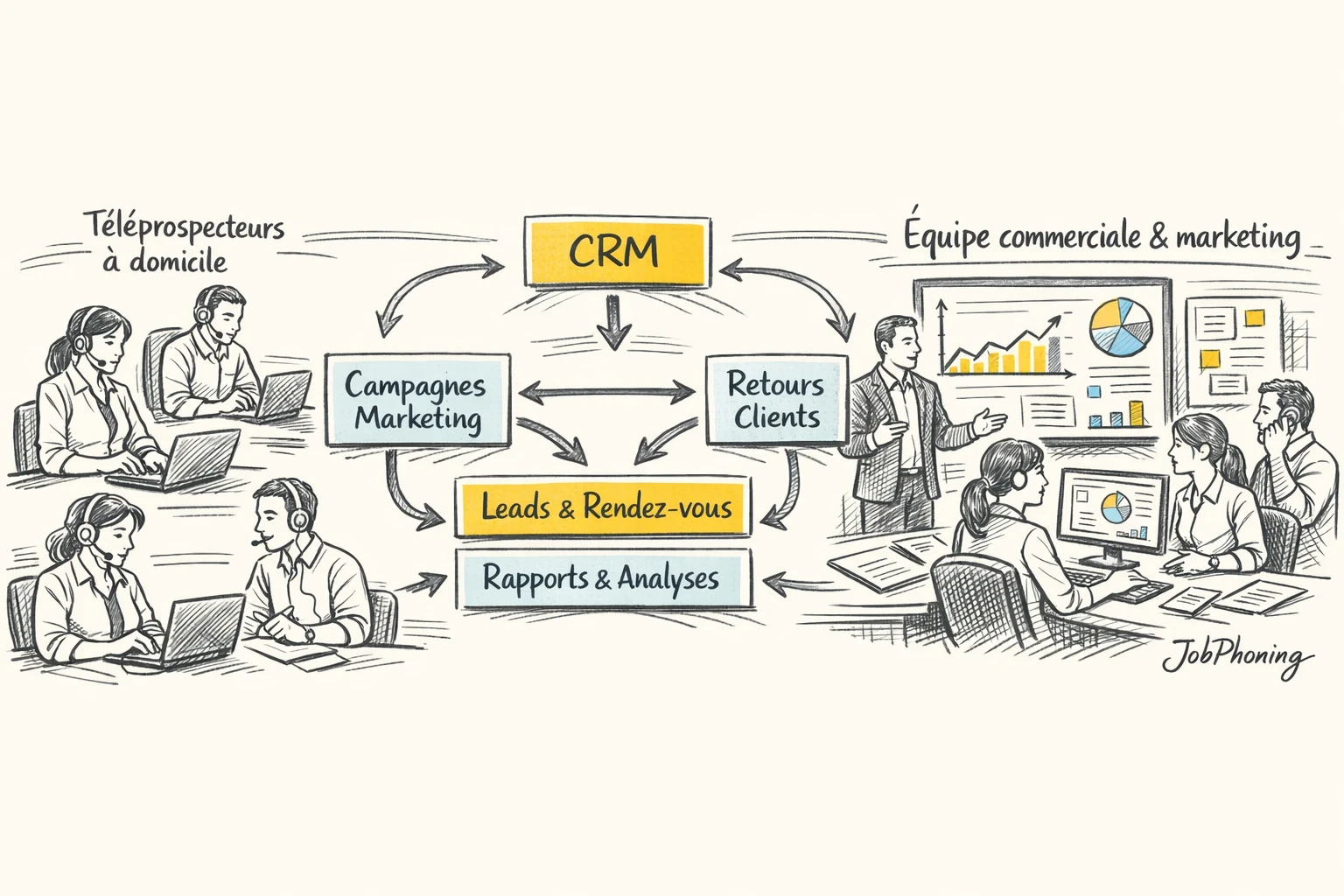 Schéma représentant l’intégration de téléprospecteurs à domicile via réseau central et nœuds connectés