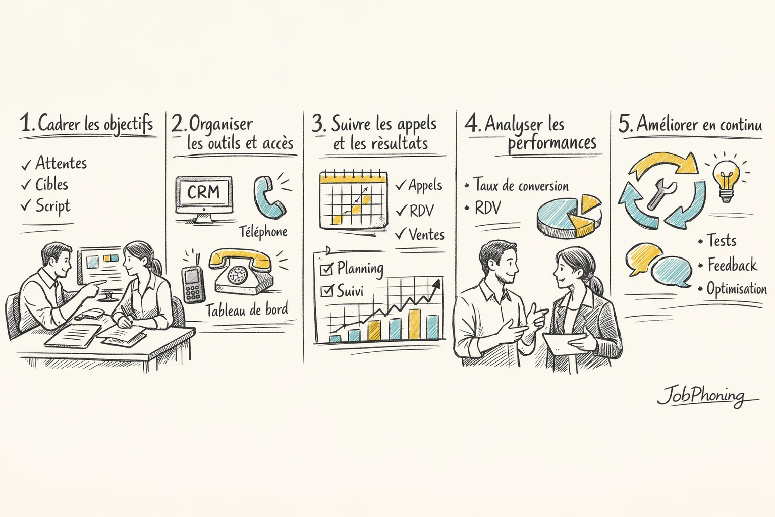 Schéma représentant une collaboration structurée via un flux de blocs reliés symbolisant étapes, données, objectifs