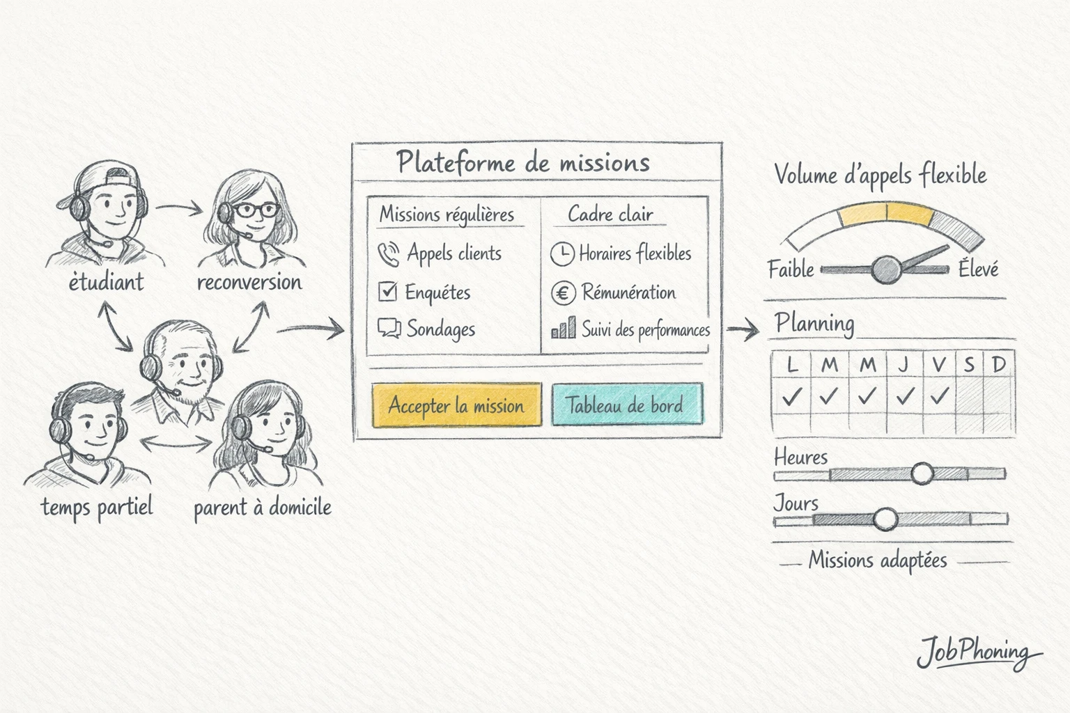 Infographie représentant divers parcours de téléprospection via deux colonnes de blocs contrastés et éléments géométriques