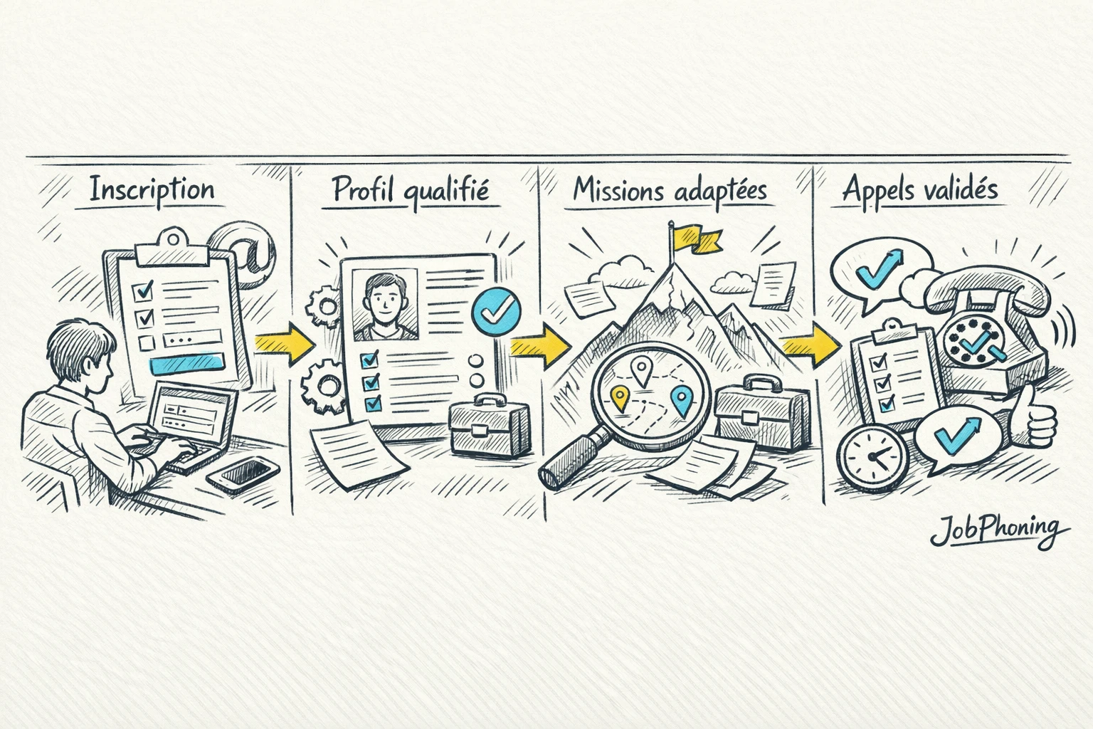 Schéma représentant le parcours téléopérateur-missions JobPhoning via blocs reliés et flèches minimalistes.
