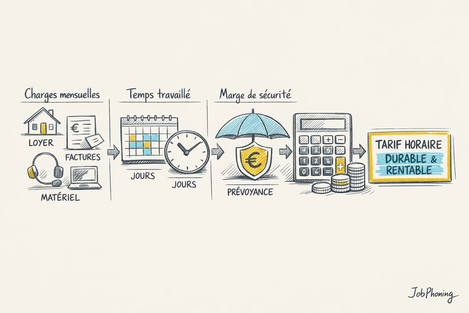 Schéma représentant la construction d’un taux horaire rentable via enchaînement de blocs et flèches minimalistes