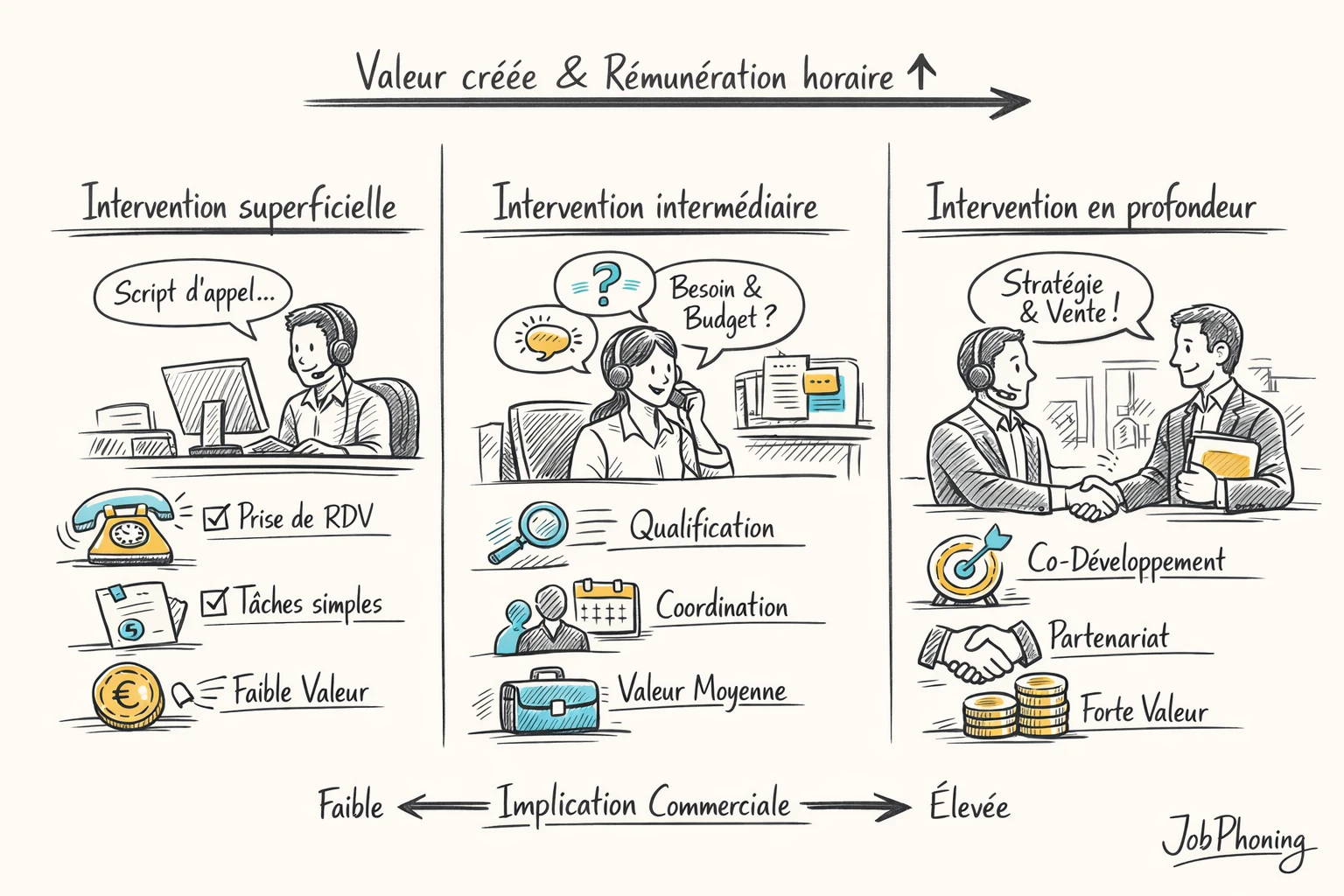 Infographie représentant l’impact du rôle téléprospection sur les tarifs via pipeline central et barres verticales