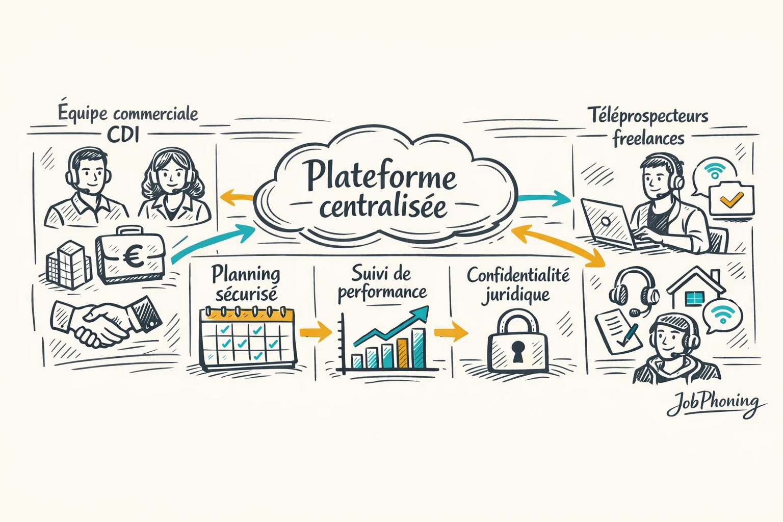 Infographie représentant coordination de téléprospection via hub central, cercles reliés et anneau protecteur