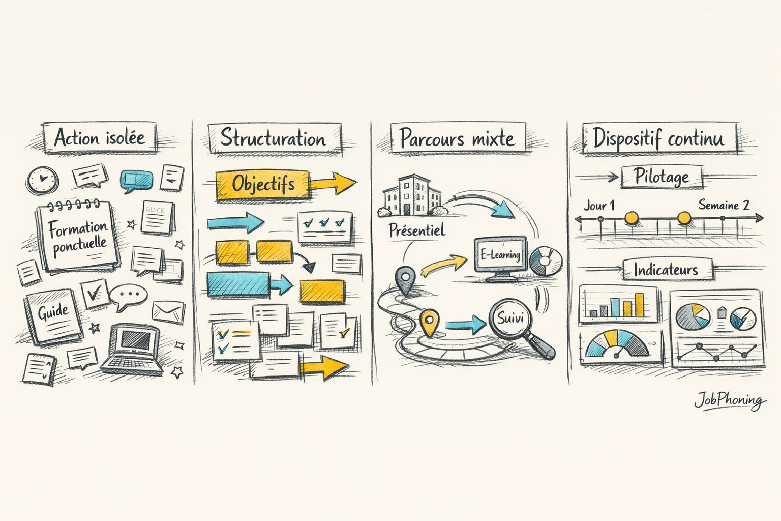 Schéma représentant un parcours de formation mixte via blocs reliés, flèches et modules stylisés en