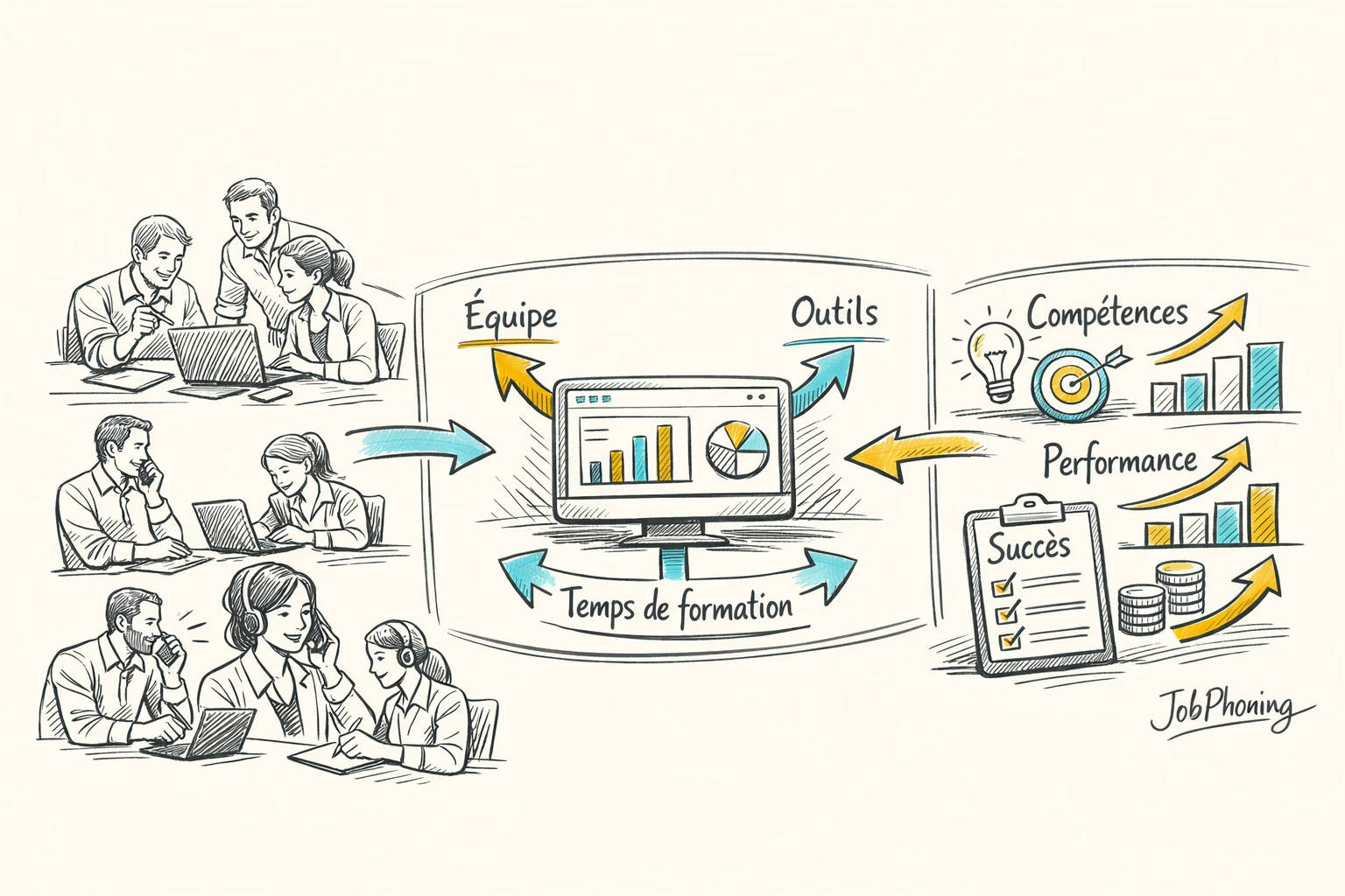 Infographie représentant un dispositif de formation mixte via un noyau central relié à rôles, outils