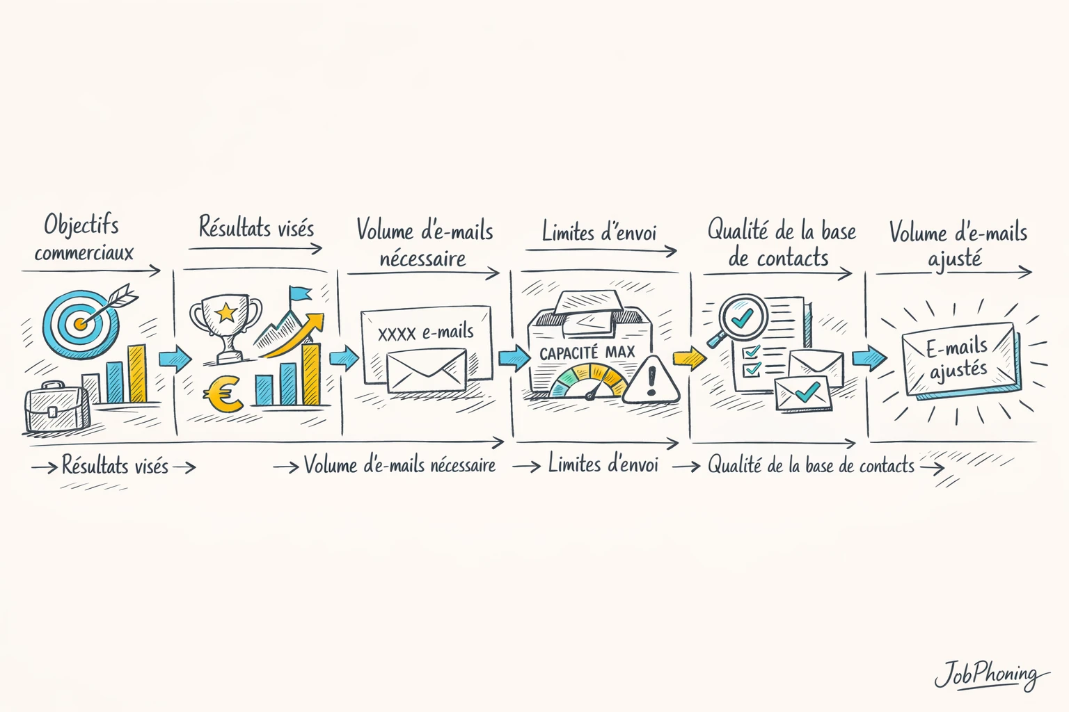 Schéma représentant le calcul d’un volume d’emails B2B via blocs reliés et flèches successives