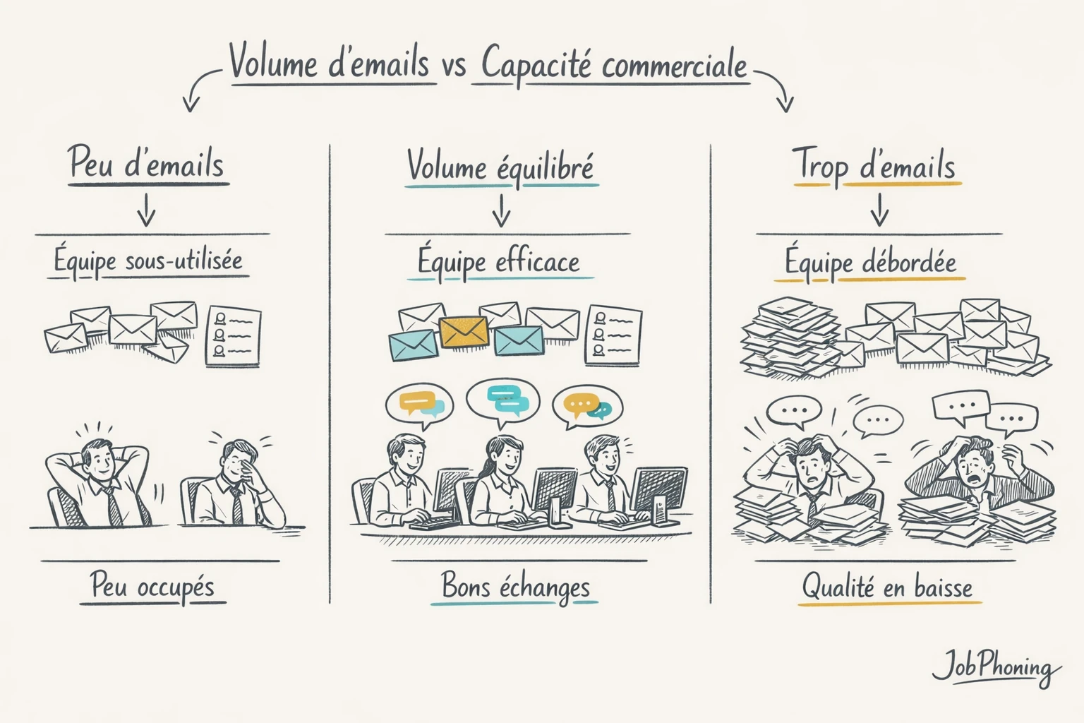 Infographie représentant l’équilibre entre objectifs commerciaux et taille de base emails via entonnoir, cylindres et