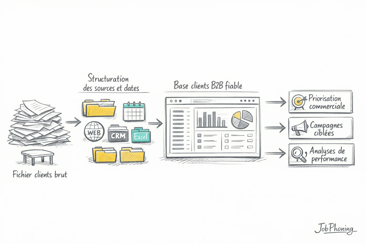 Schéma représentant l’organisation des données clients via blocs reliés et flèches séquentielles colorées.