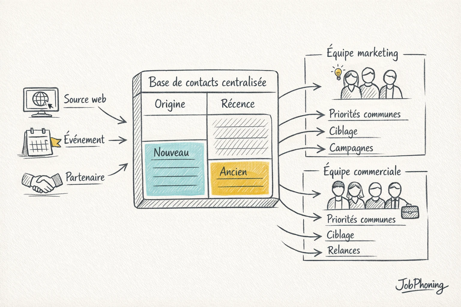 Infographie représentant la traçabilité des données via un cylindre central, sources multiples et segments reliés