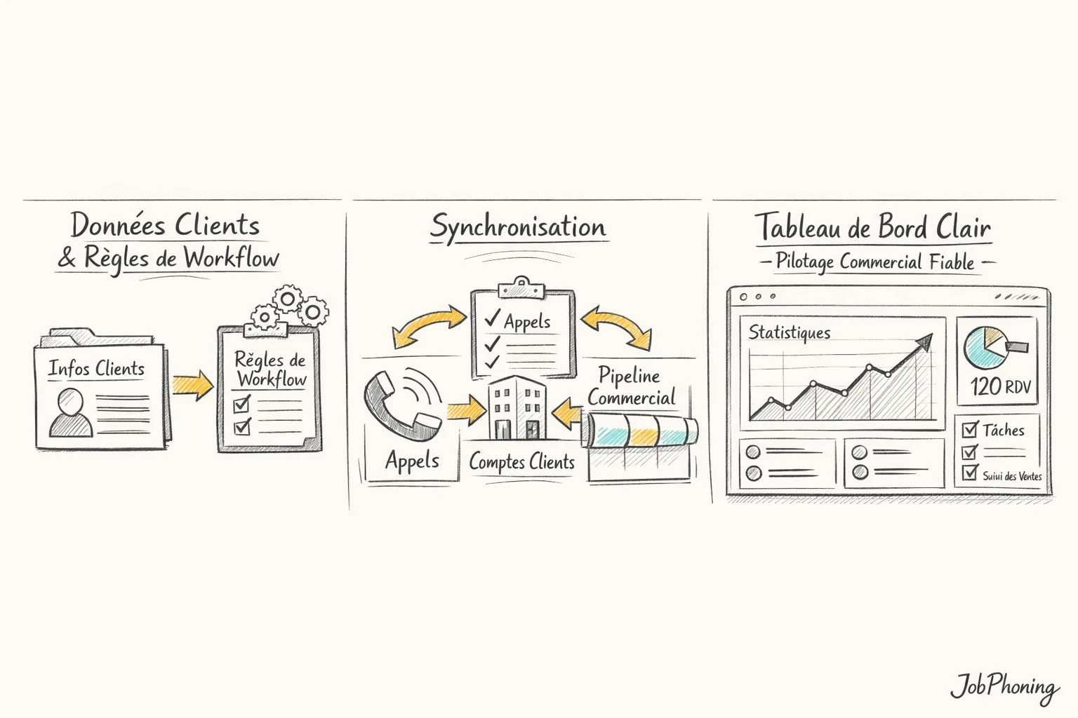 Schéma représentant l’organisation des données d’appels via flèches, blocs reliés et pipeline commercial stylisé