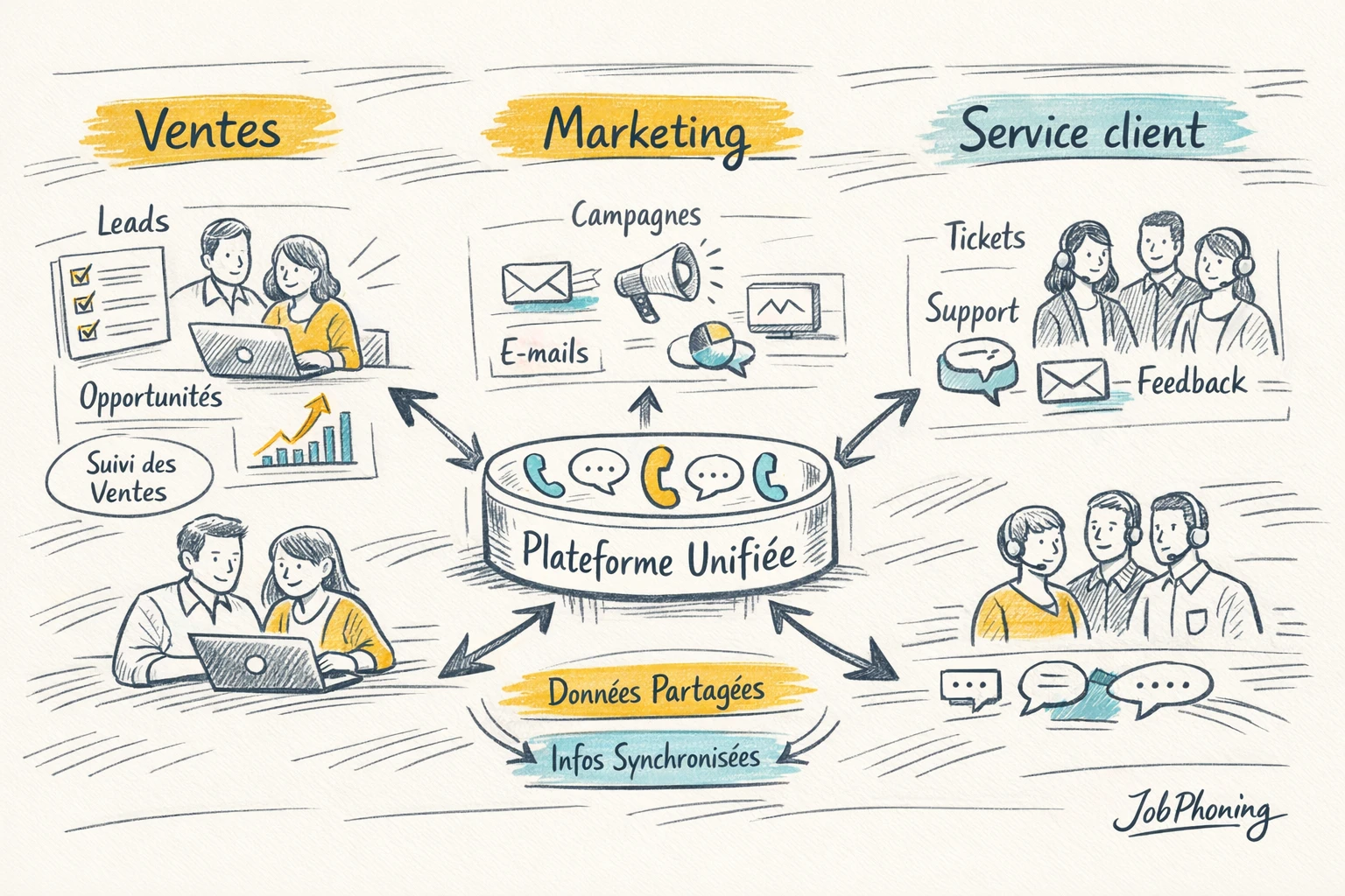 Schéma représentant une plateforme de téléprospection connectant ventes, marketing et support via un noyau central