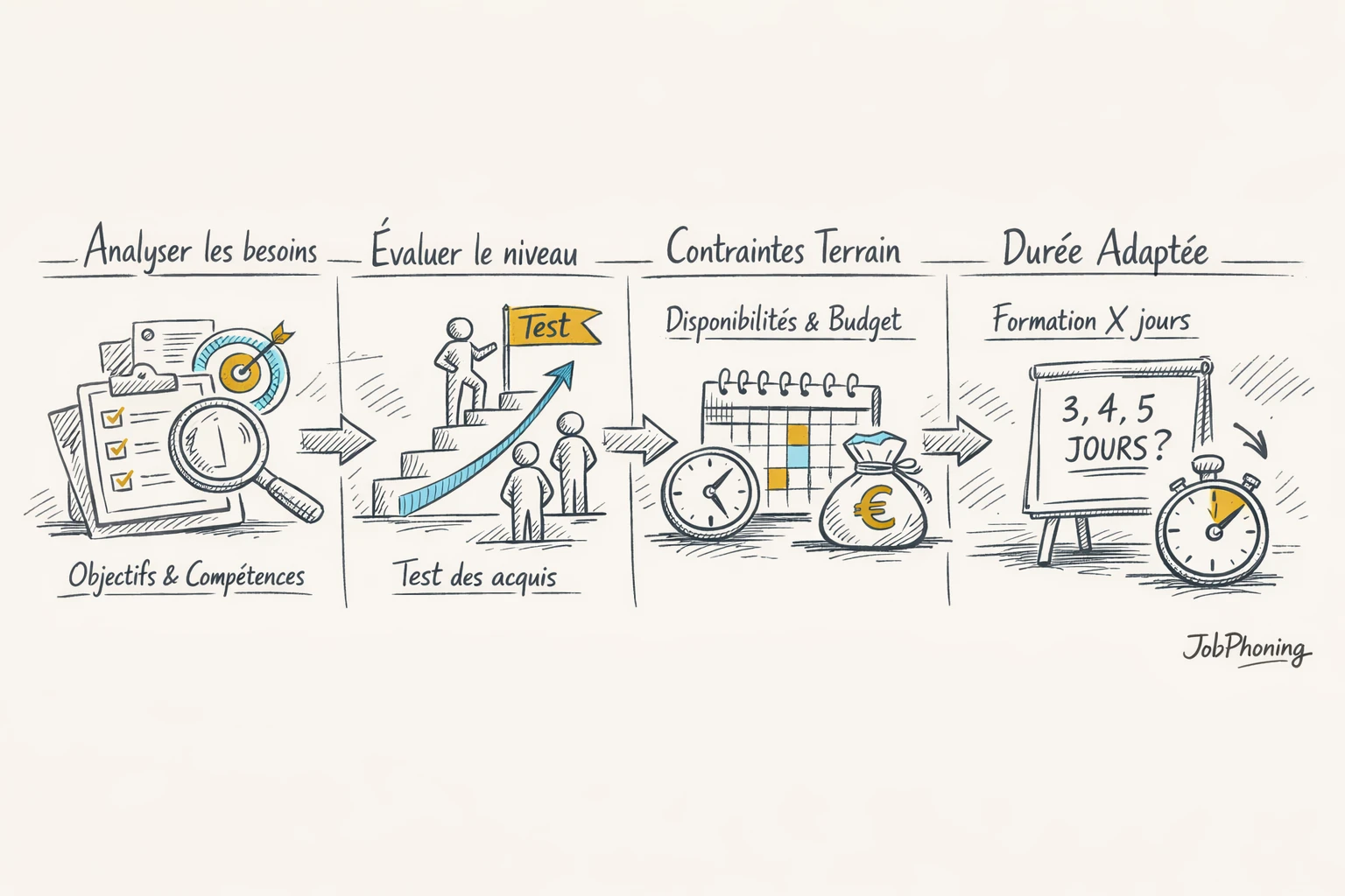 Schéma représentant la définition d’une durée de formation structurée via blocs reliés en séquence.