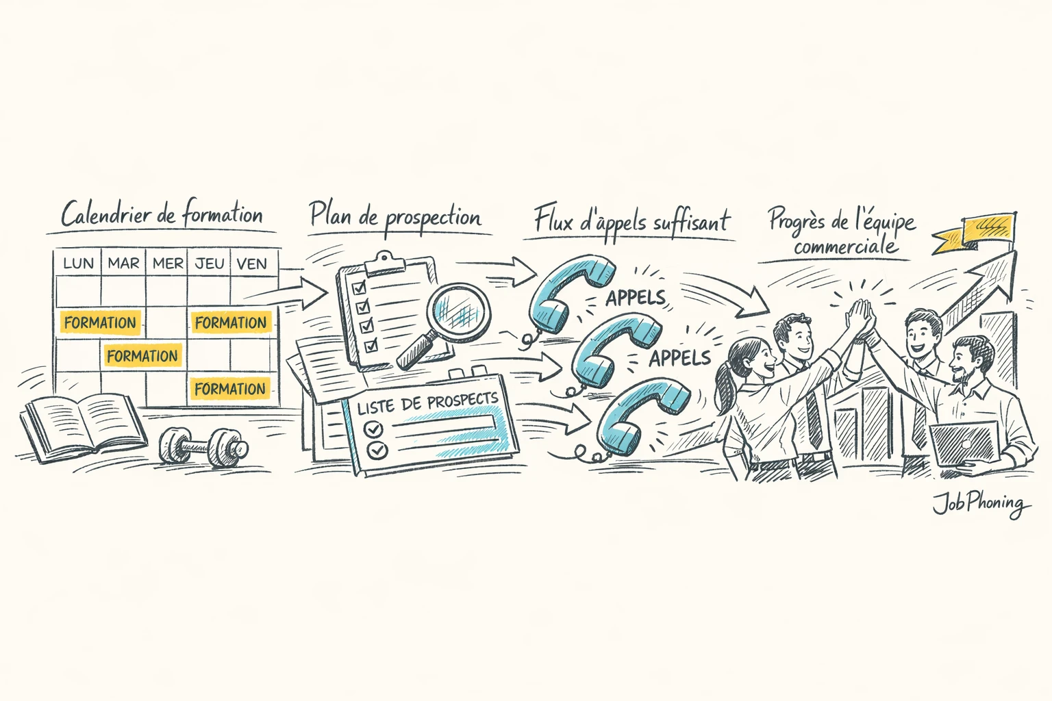 Infographie représentant l’équilibre entre formation téléprospection et appels via calendrier, pipeline et groupes de silhouettes
