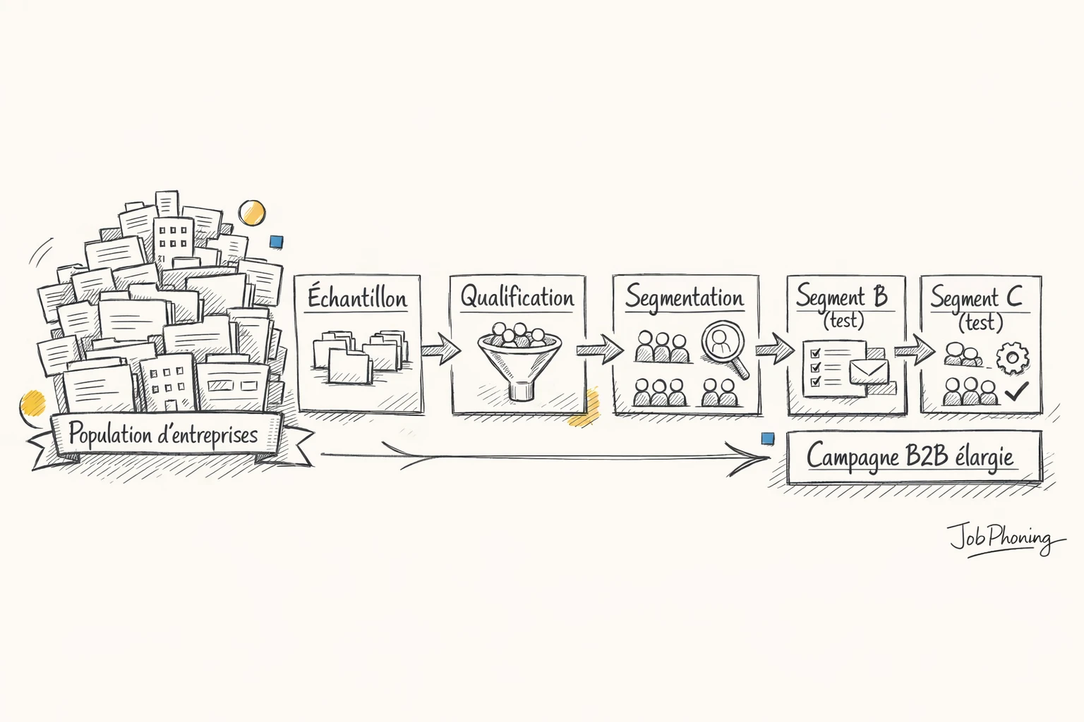 Schéma représentant un processus d’échantillonnage B2B via blocs segmentés, flèches et tableaux abstraits connectés.