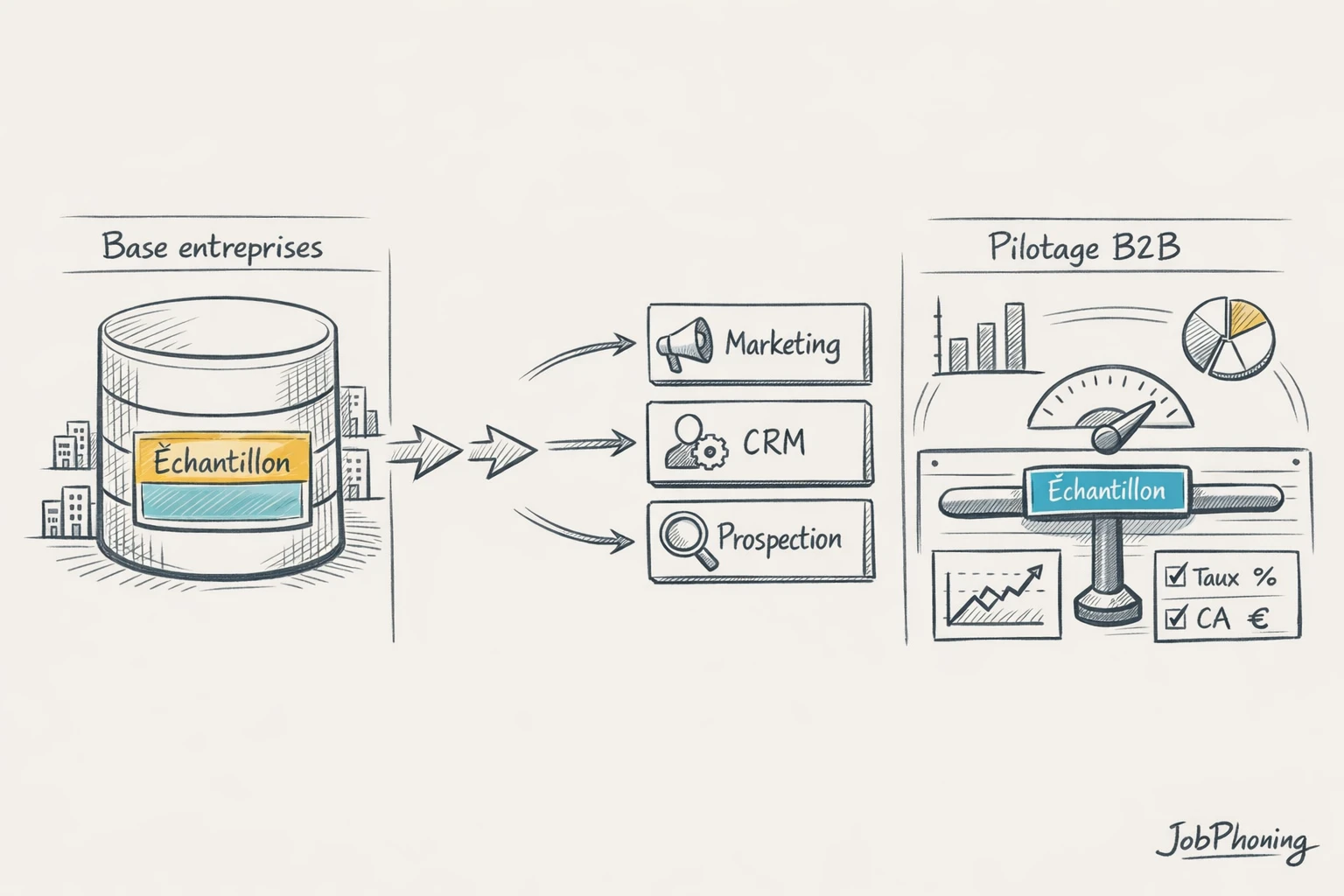 Schéma représentant l’intégration d’un échantillon B2B via base centrale reliée à modules marketing, ventes et