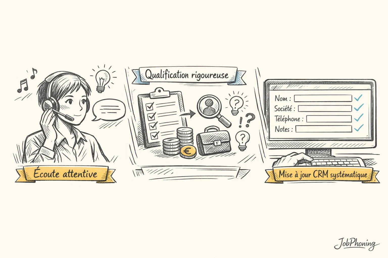 Schéma représentant un appel de prospection structuré via enchaînement de blocs reliés et icône abstraite