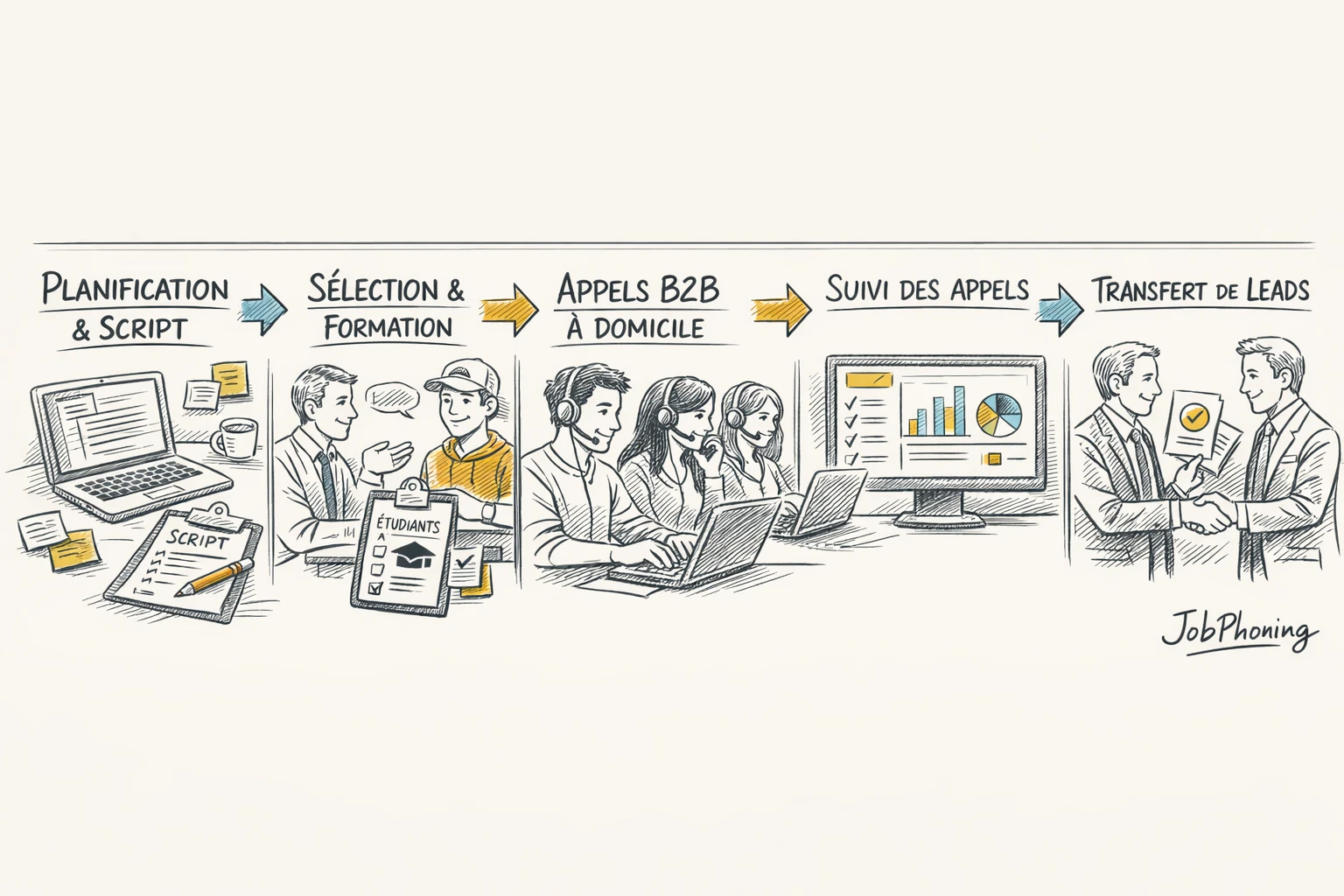 Schéma représentant l’organisation d’une campagne d’appels B2B via rectangles reliés et icônes abstraites d’ordinateurs et