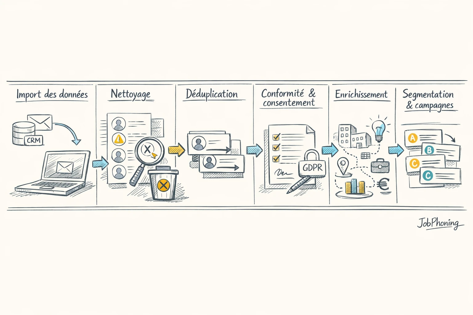 Schéma représentant le processus de maintenance d’une base email B2B via blocs reliés et flèches