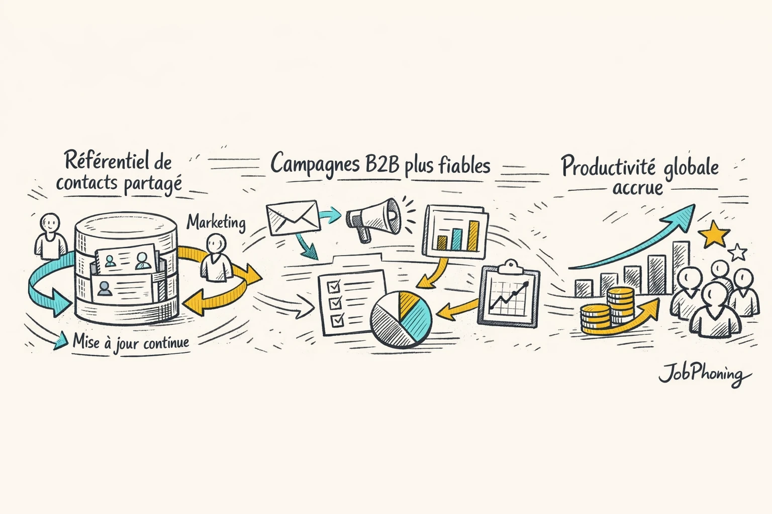 Infographie représentant la coordination marketing-ventes via un hub central connecté à plusieurs blocs géométriques.