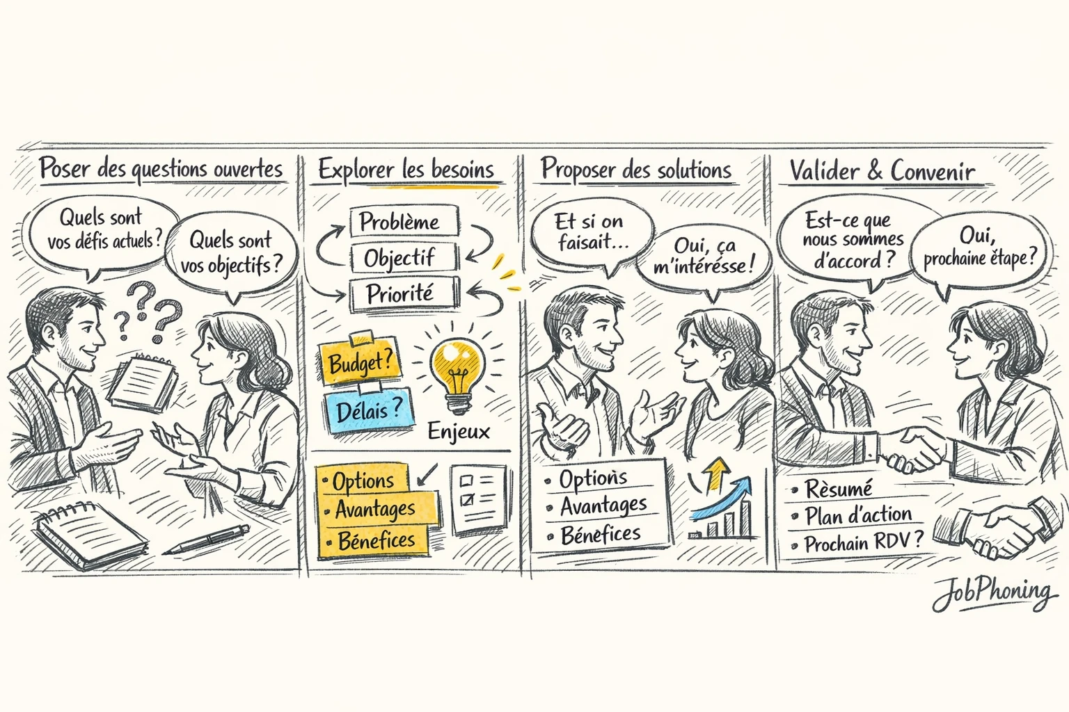 Schéma représentant un entretien téléphonique structuré via une suite de blocs reliés et flèches minimalistes