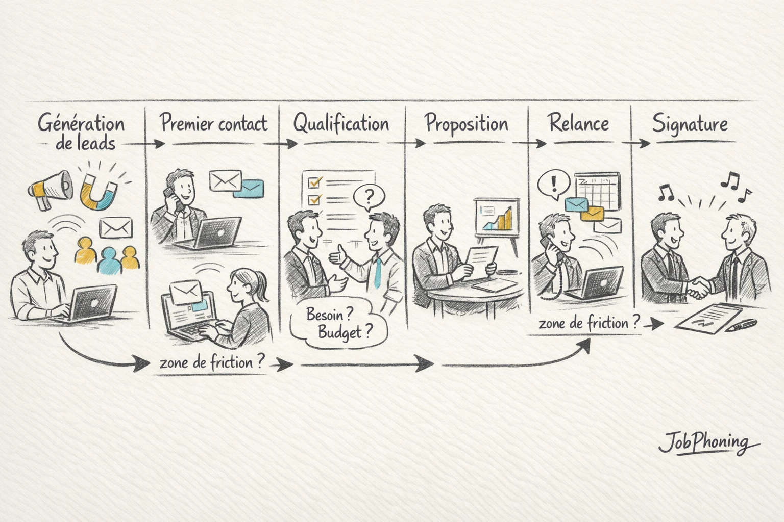 Schéma représentant l’analyse d’un parcours de prospection B2B via flux d’étapes reliées